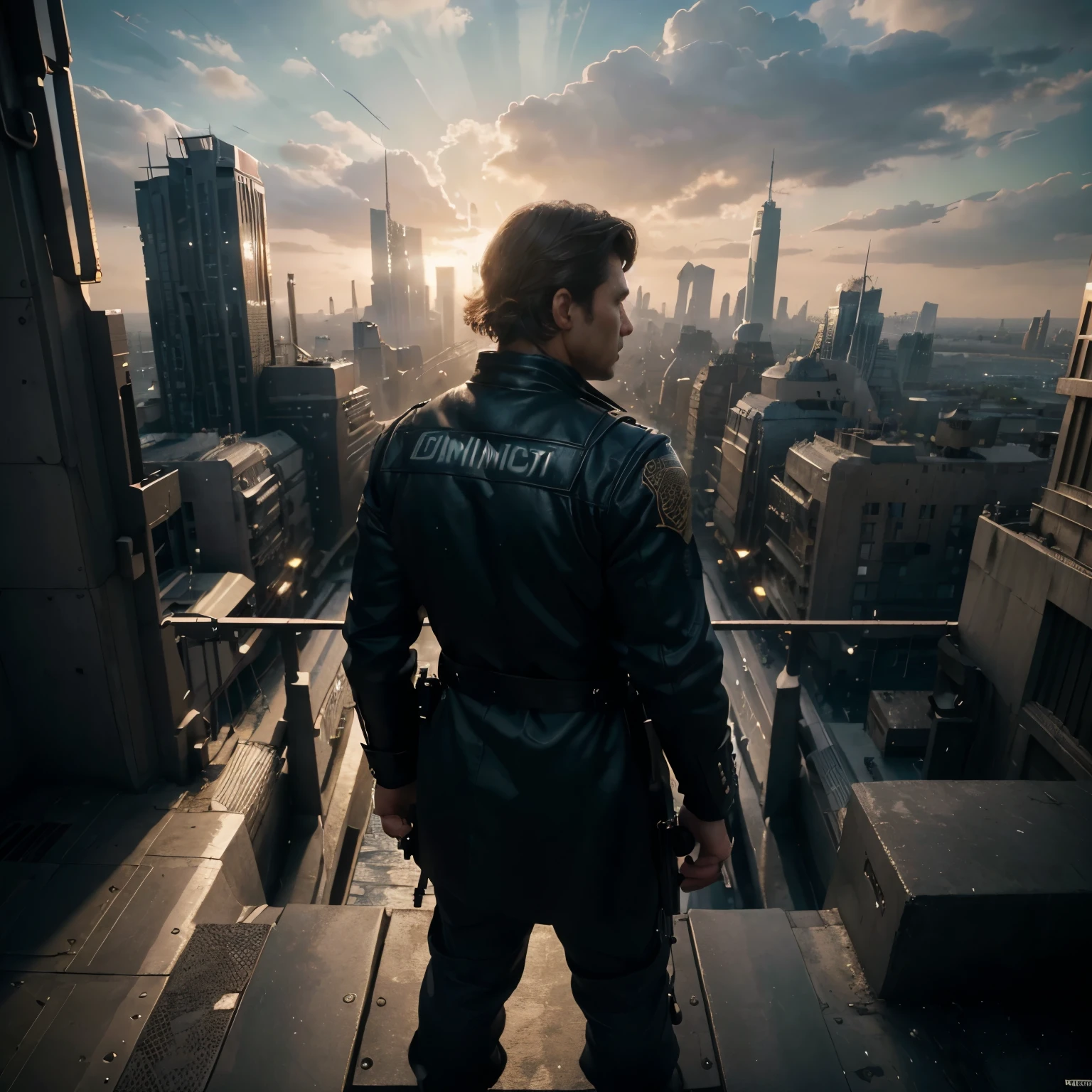 (8k unit wallpaper CG extremely detailed, masterpiece, best quality, ultra-detailed), (((solo)))), ((extremely wide shot:1.15)), a man on a bridge looking at a scifi city in the distance in the background, ((back view)), ((full body)), (high detail), (intricate details), intricate, magnificent scene, detailed environment, highly detailed environment, illustrator, (masterpiece), dystopian city