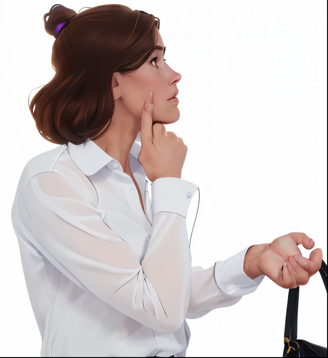 (masterpiece, Best Quality, realistic), (photo realistic:1.37), (Shiny skin), (UHD, 8K wallpaper, High resolution), perfect anatomy, (well drawn hands and fingers), Cinematic Lighting, Physically-based rendering, very_high_resolution, particles, light beam, chromatic aberration, extremely detailed skin, woman with brown hair wearing a white blouse, woman is looking off into the distance, 1 hand is holding a purse strap, one hand is touching her chin thoughtfully.