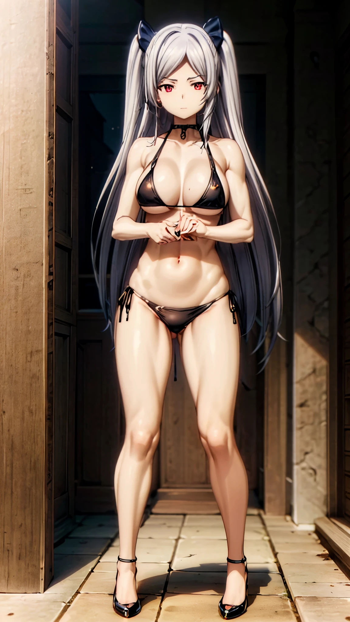 1 girl, (((Alexia Midgar))), silver hair, red eyes, big breasts, perfect anatomy, ((very short black bikini), wearing thong, muscular legs, muscular belly, thin waist, wide hips, (looking at me), on the beach at night with starry sky and full moon in the sky, focus on legs, wearing black high heel shoes, standing, (((full body photo))), eye reflection, glowing eyes, Sulking , anime, anime style, ray tracing, cinematic lighting, panorama, Sony FE, hard drive, master piece, accurate, anatomically correct, super detail, high quality, hard drive, high, 16k