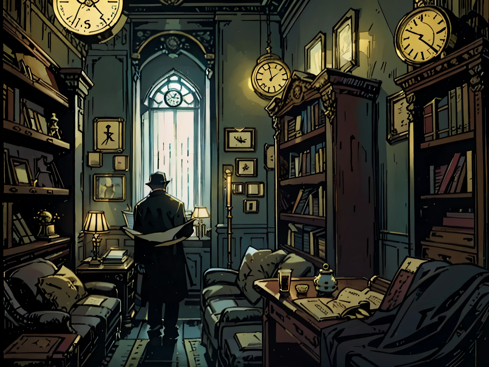 Describe an intriguing scene in a gloomy room where the atmosphere is charged with mystery. A clock on the wall announces the arrival of midnight, casting mysterious shadows across the room. A bookshelf filled with old books occupies one wall, while on the sofa, a skilled detective is immersed in reading an enigmatic book. In the center, a table displays a silent telephone, waiting for the next clue to be revealed. Capture the tension and suspense that permeates this intriguing scenario