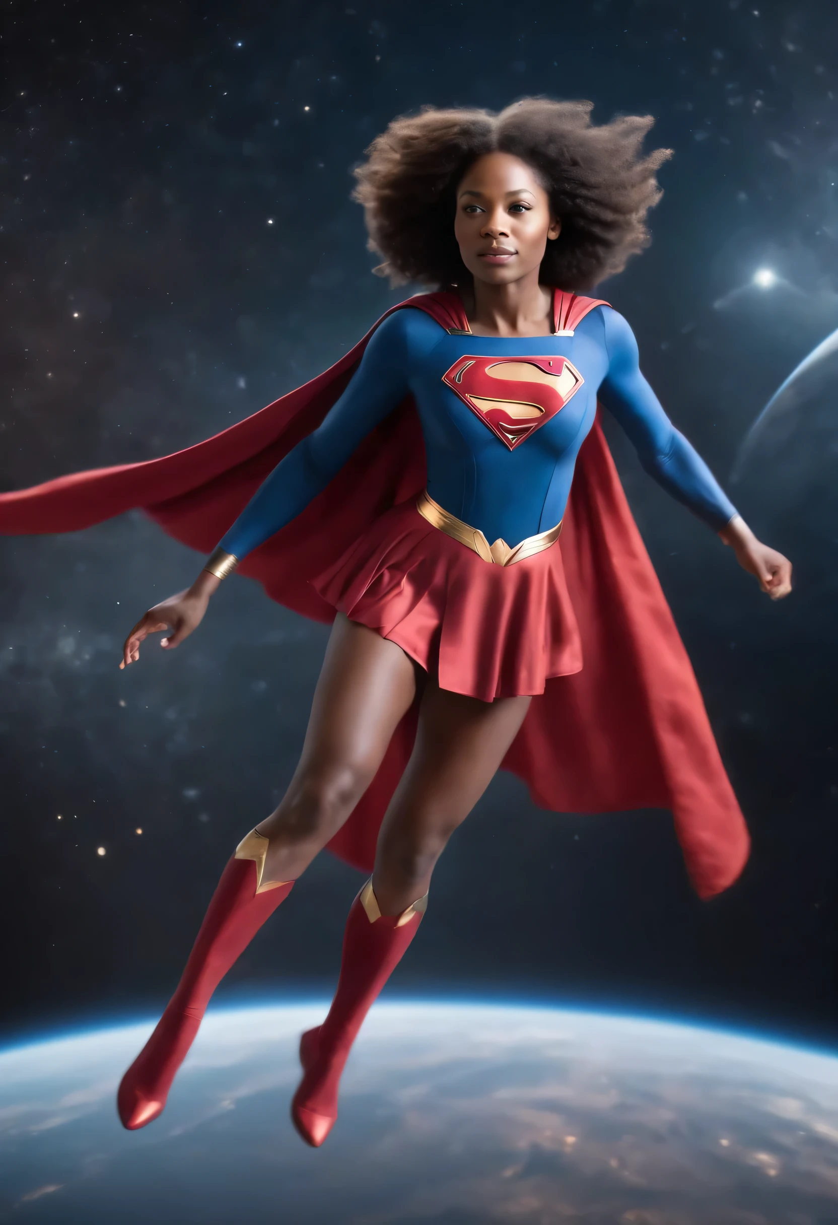 black mid 40 african woman as Supergirl flying in space(1girl), showcasing her full body pose, with astonishing photo-realistic details.