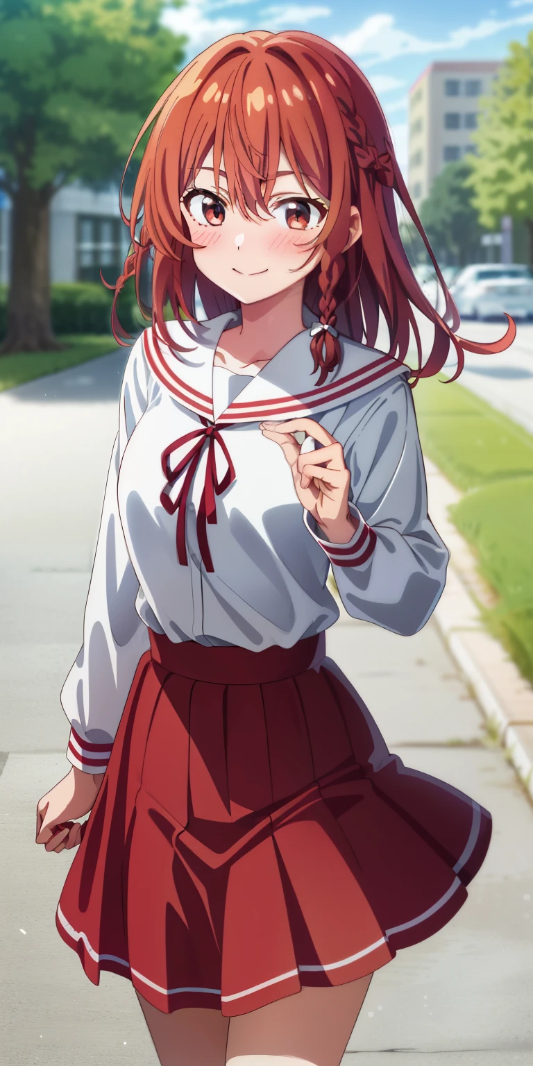 2d, masterpiece, best quality, anime, highly detailed, 1girl, solo, cowboy shot, sumi, single braid, side braid, hair bow, white bow, white shirt, long sleeves, sailor collar, red ribbon, red skirt, pleated skirt, embarrassed, blush, smile, outdoors