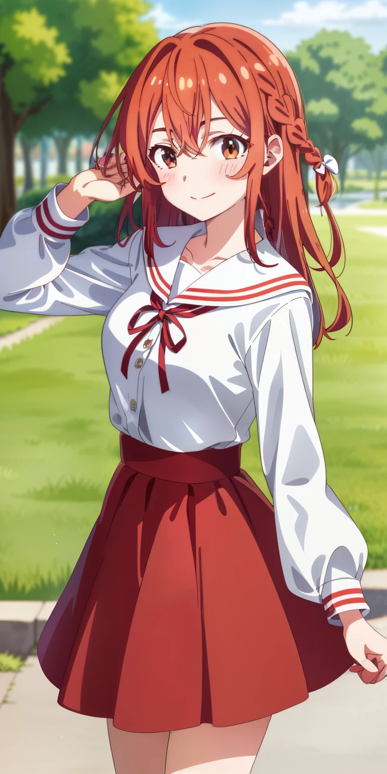 2d, masterpiece, best quality, anime, highly detailed, 1girl, solo, cowboy shot, sumi, single braid, side braid, hair bow, white bow, white shirt, long sleeves, sailor collar, red ribbon, red skirt, pleated skirt, embarrassed, blush, smile, outdoors