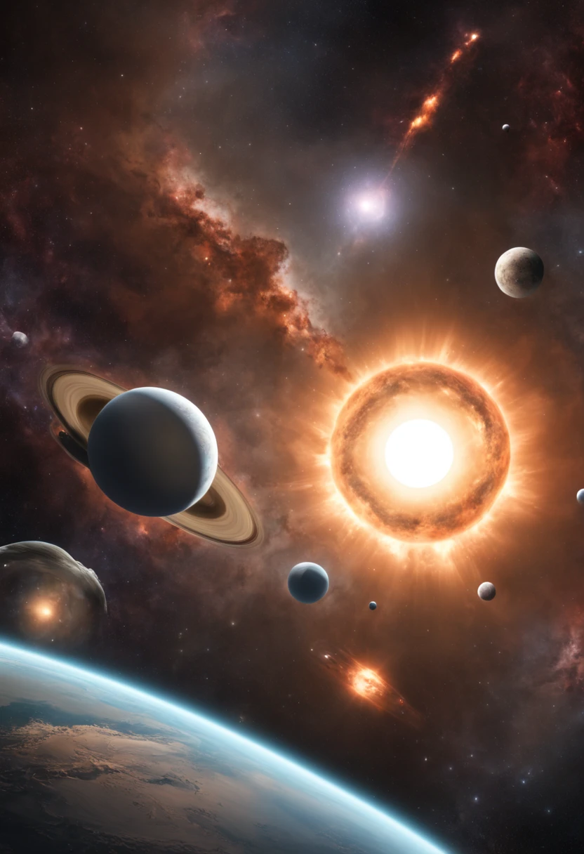 highres,solar system,planets orbiting the sun,realistic space scene,beautifully detailed stars,ultra-detailed planets in vibrant colors,HDR lighting,bokeh,vivid celestial bodies,deep space,majestic and awe-inspiring,cosmic art,astrology,galactic wonders,interstellar beauty,universe exploration,sci-fi fantasy,moonlit night sky,mysterious dark matter,distant galaxies,nebulae and supernovae,cosmic dust,meteor showers,celestial bodies in motion,extraterrestrial landscapes,astronomical phenomenon,deep space exploration,stunning solar flares,faraway constellations,cosmic harmony and balance,endless galaxies,interplanetary travel,colossal gas giants,moon exploration,state-of-the-art telescopes,stellar evolution,cosmic origins,cosmic mysteries revealed,planetary systems in distant star systems,space voyage