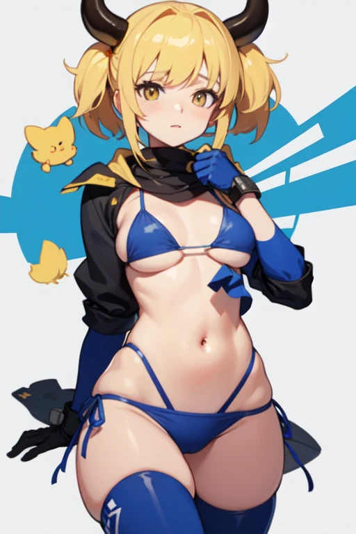 obra maestra, Mejor calidad, 1 chica, Solo, ajaxcow, bikini, guantes de codo, muslos, pechos enormes, rubor, Fondo simple, Fondo blanco, delantal, transparente, manos en el propio pecho,