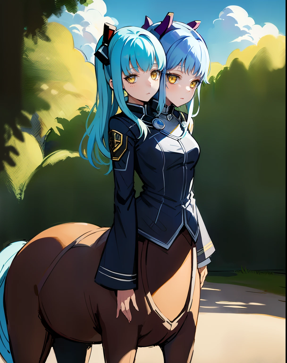 best quality, (masterpiece:1.2), illustration, absurdres,
(1girl, solo), (beautiful detailed girl),
Tio Plato, yellow eyes, aqua hair, long hair, two side up, small breasts, 
fake animal ears, 
black dress, breastplate,  pleated skirt, black thighhighs, grey boots,
looking at viewer, 
magical forest, flowers, fairy ring, glowing plants, ancient ruins, stone ruins, sky, clouds,,
cowboy shot,, (centaur) (2heads:1.8)