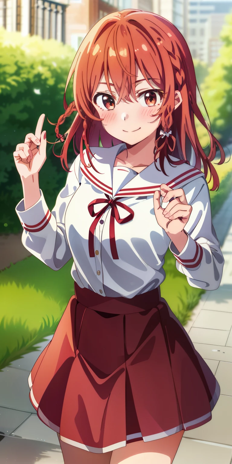 2d, masterpiece, best quality, anime, highly detailed, 1girl, solo, cowboy shot, sumi, single braid, side braid, hair bow, white bow, white shirt, long sleeves, sailor collar, red ribbon, red skirt, pleated skirt, embarrassed, blush, smile, outdoors