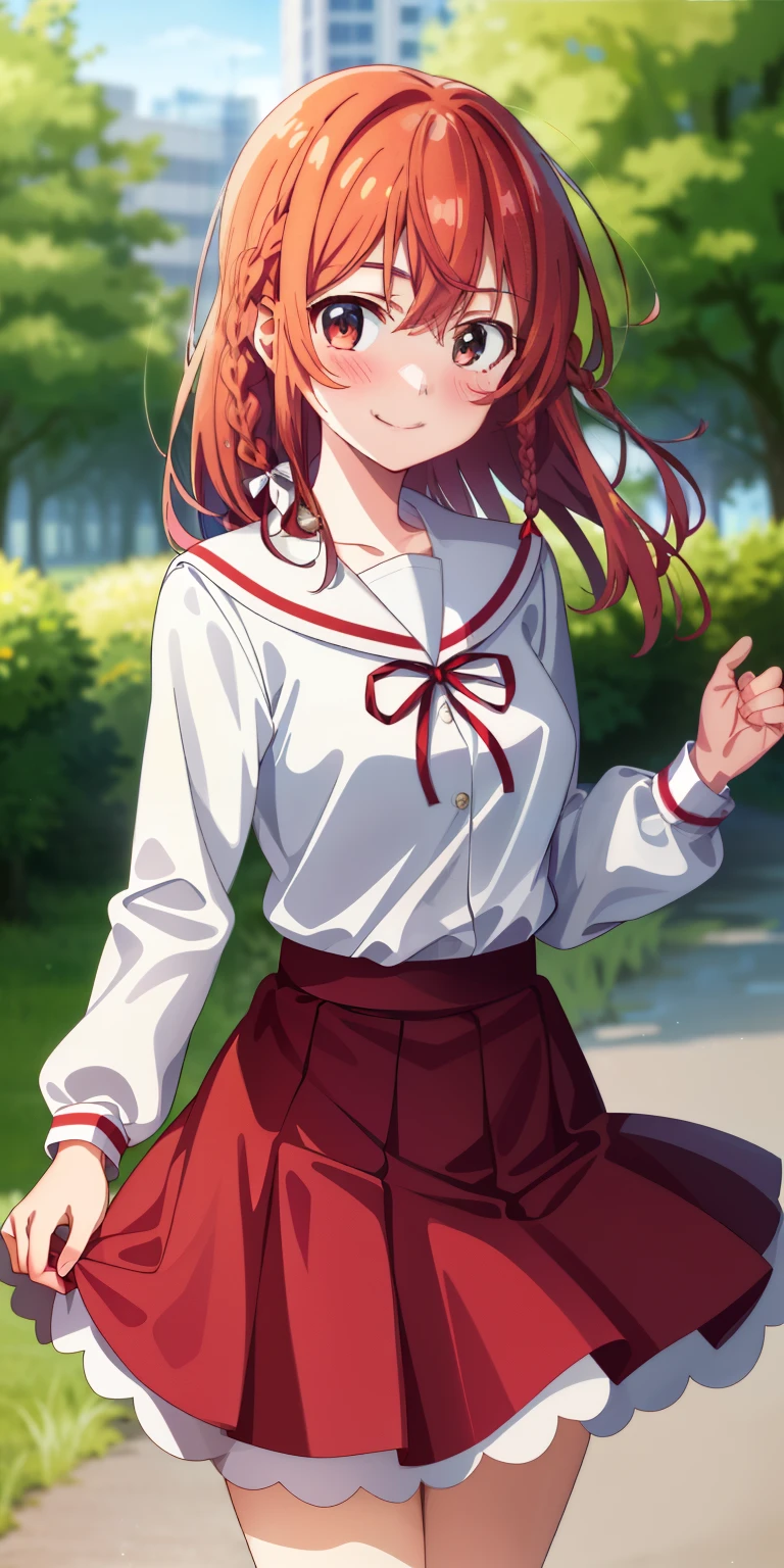 2d, masterpiece, best quality, anime, highly detailed, 1girl, solo, cowboy shot, sumi, single braid, side braid, hair bow, white bow, white shirt, long sleeves, sailor collar, red ribbon, red skirt, pleated skirt, embarrassed, blush, smile, outdoors