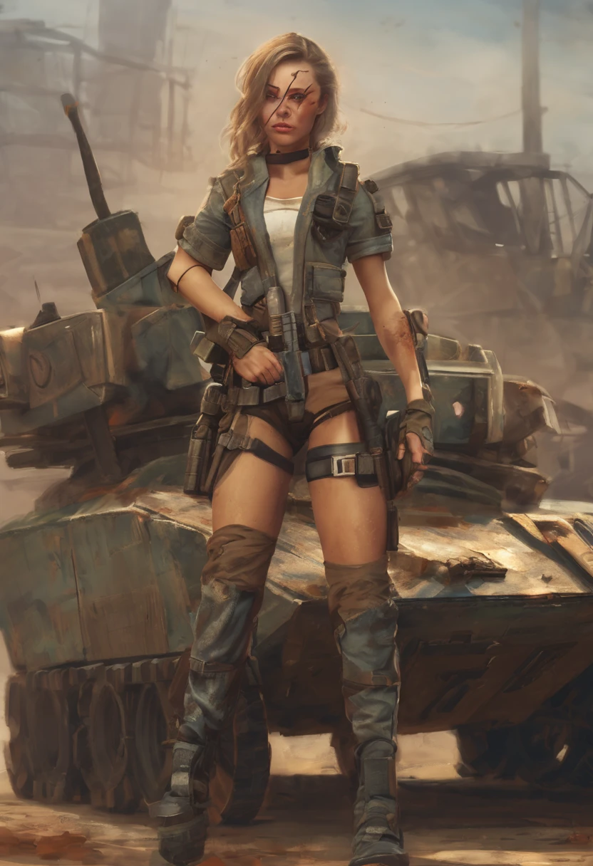 3 girls, , all the perfect likeness of SandraOv4. sexy vault girls in ((vaultgirl suit from the video game fallout, tight worn and torn uniforms. Outside in a post apocalyptic battleground . Wearing vaultgirl uniforms and blue and gold armor. Goggles on one girl, clothing shredded and torn, girls clothes and faces are dirty from battle. All girls petite and s, small girls, short girls, fine detailed eyes, weapons slung over shoulders, leaning against a war vehicle, dented and rusty.