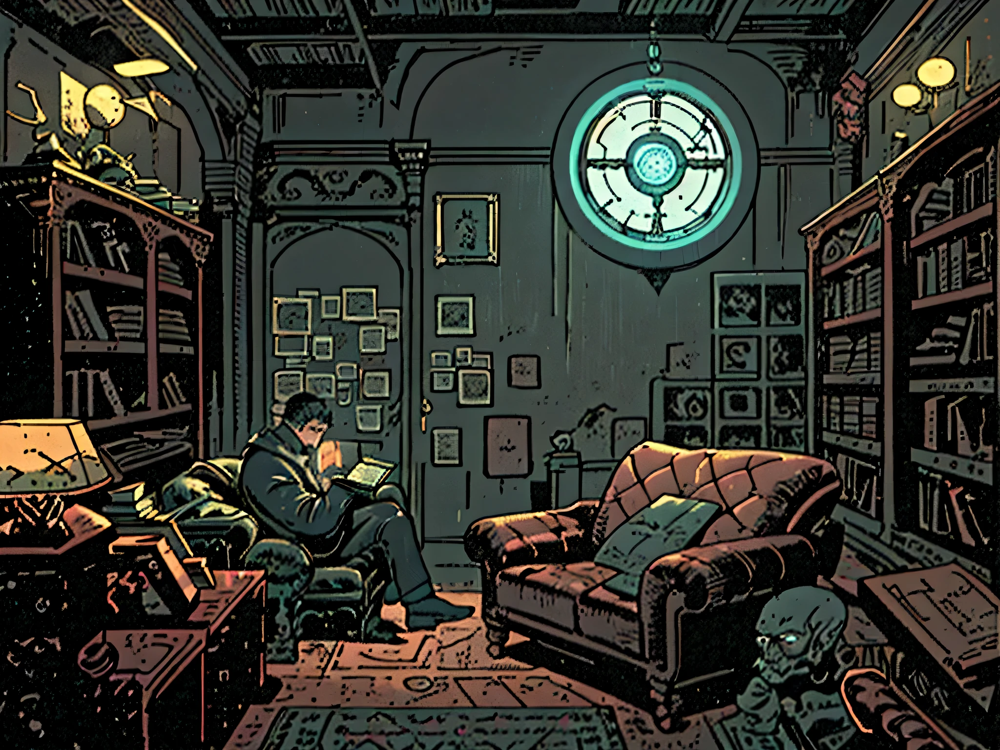 a dark room where the atmosphere is full of mystery, casting mysterious shadows across the room. Uma estante repleta de livros antigos ocupa uma parede, while I'm on the couch, a skilled detective is immersed in reading an enigmatic book. Ao centro, uma mesa exibe um telefone silencioso, capture the tension and suspense that permeates this intriguing setting.