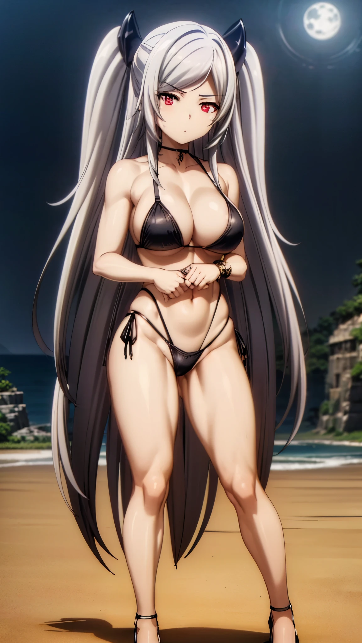 1 girl, (((Alexia Midgar))), silver hair, red eyes, big breasts, perfect anatomy, ((very short black bikini), wearing thong, muscular legs, muscular belly, thin waist, wide hips, (looking at me), on the beach at night with starry sky and full moon in the sky, focus on legs, wearing black high heel shoes, standing, (((wanting to give her ass to me))), eye reflection, glowing eyes , Sulking, anime, anime style, ray tracing, cinematic lighting, panorama, Sony FE, hard drive, master piece, accurate, anatomically correct, super detail, high quality, hard drive, high, 16k