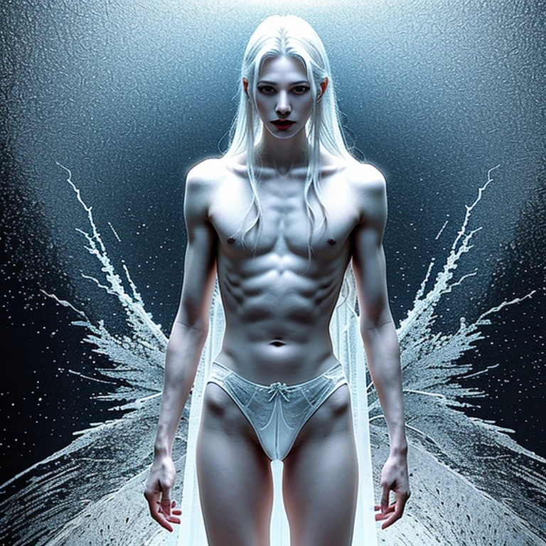 (albino tall lathy androgynous male Ice Queen, hoarfrost, pristine, precious, fragile beauty, translucent, thin neck, frail shoulders, flat chest, soft belly, male crotch, curvy hips, massive buttocks, his penis and testicles are very fragile and vulnerable to heat, he is immortal while he is cold but he can be shattered like glass and the warmth of love will kill him, pent up, needy, horny. weak stomach, weak bladder)