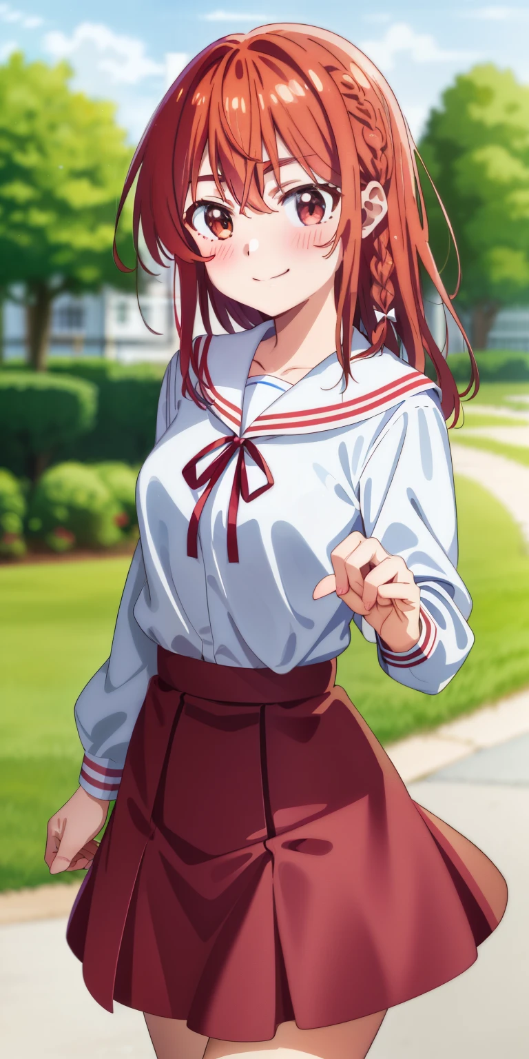 2d, masterpiece, best quality, anime, highly detailed, 1girl, solo, cowboy shot, sumi, single braid, side braid, hair bow, white bow, white shirt, long sleeves, sailor collar, red ribbon, red skirt, pleated skirt, embarrassed, blush, smile, outdoors