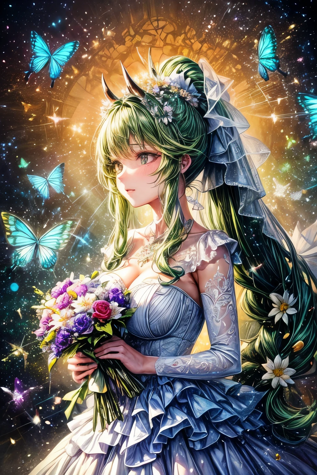 ((worst quality, low quality)), ((horned, Cow chemomimi girl)), solo, (Wedding dress), (((long hair, ponytail, green hair,):1.3)), (big breasts same), hair above one eye, plump and glossy lips, Beautiful clear eyes, spoken word heart, A posture of leaning forward, (dynamic pose:1.2), (((Beautiful colorful flowers, 1 large bouquet,Hold it with both hands:1.2))), (perfect hands:1.3), Many butterflies are dancing, (butterfly stained glass window background), ((shining sunlight)), (opal), (light particles, shine of light, light:1.4), muste piece,best quality,Super detailed,
