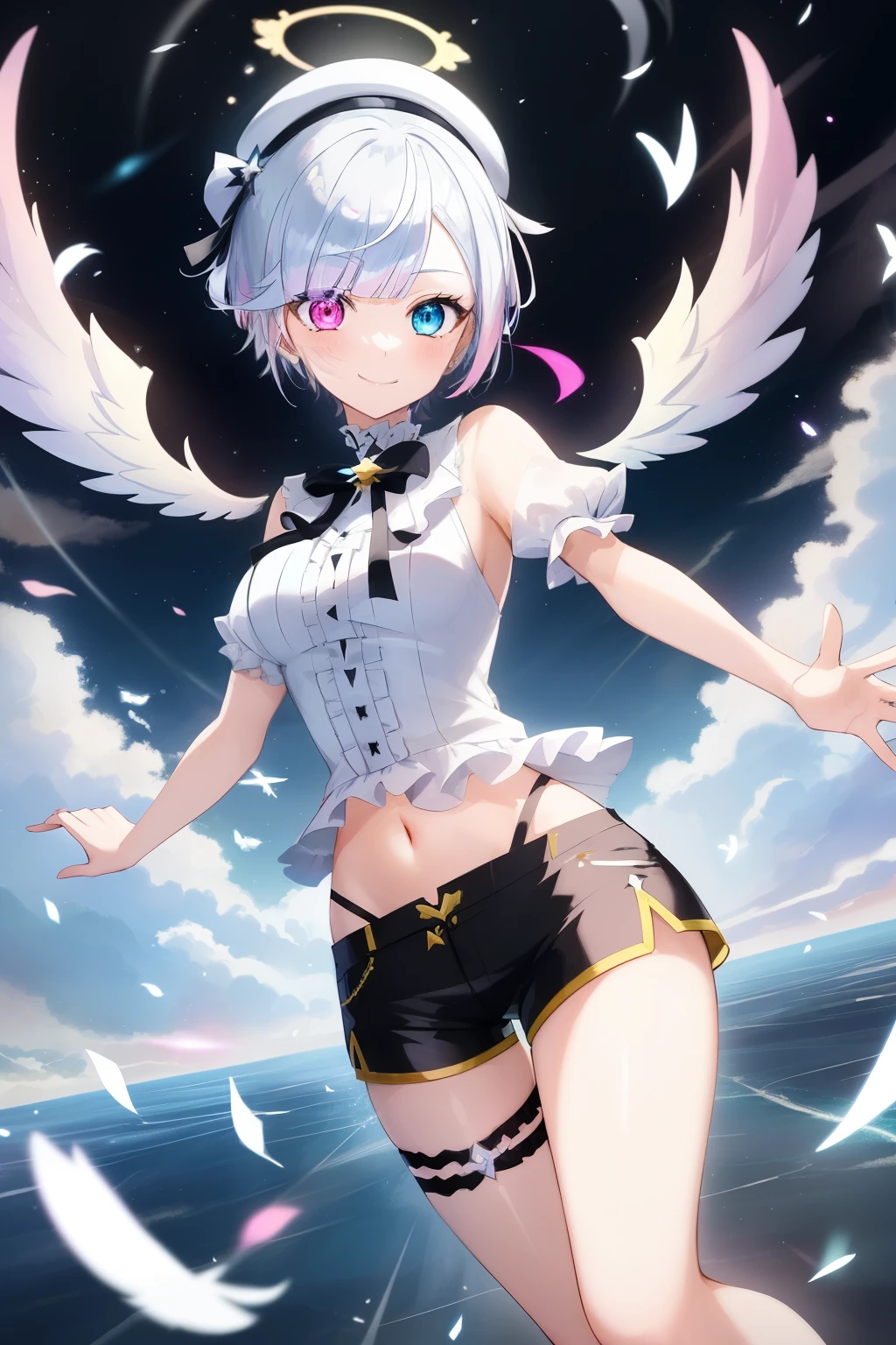 (masterpiece, highest quality, ultra high res, ultra detailed:1.3), 1 cute girl, ideal ratio body proportions, blonde short hair, black frilled mini skirt, puffy shoulders, bare arms, magic wand, (white cotton panties, 1 strange small animals:1.4), dynamic pose, night city,