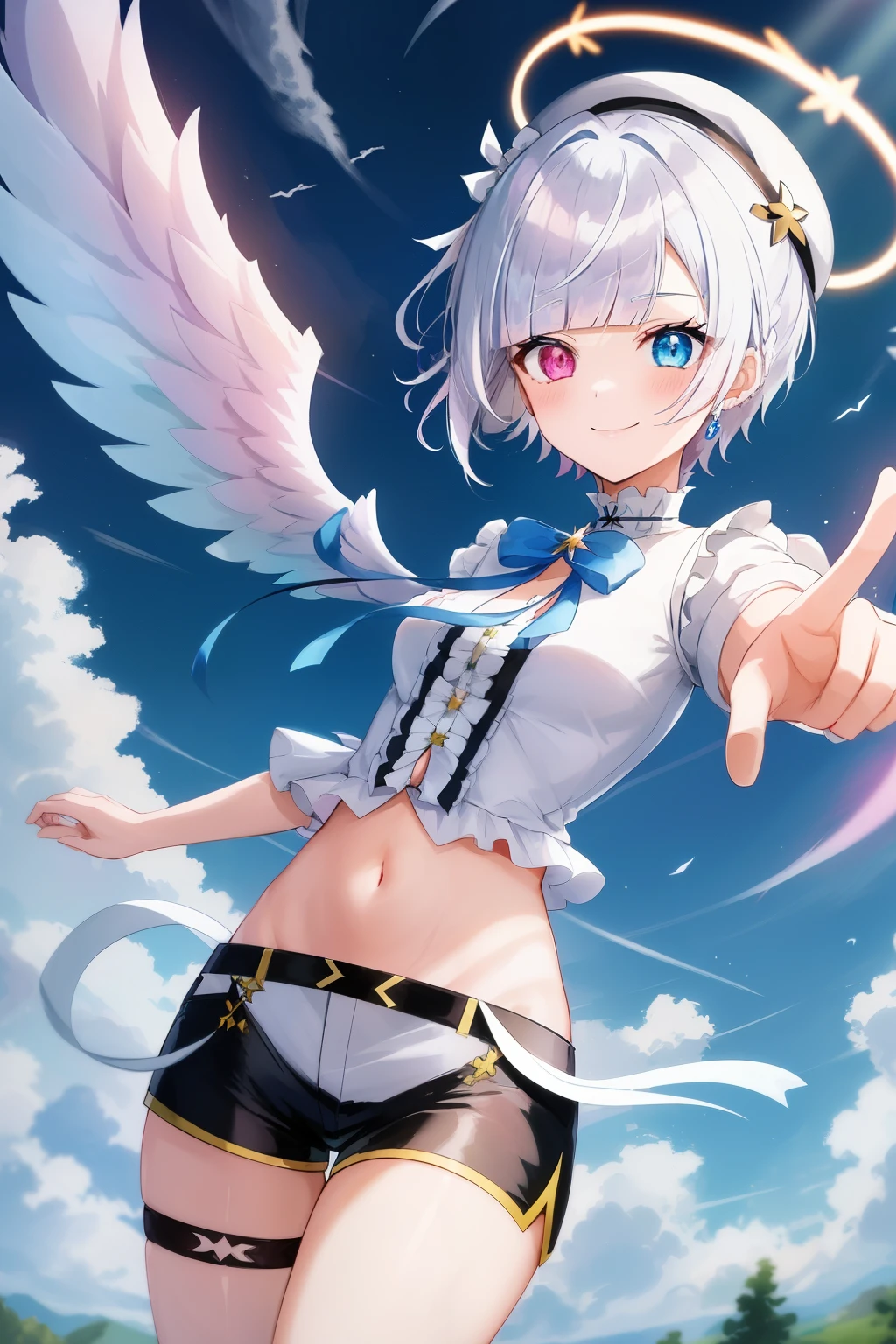2d, masterpiece, best quality, anime, 1girl, solo, dynamic pose, cowboy shot, (amemiya nazuna), angel, mini wings, single wing, white hair, heterochromia, blue eyes, pink eyes, frills, white shirt, navel, black shorts, short shorts, thigh strap, halo, smile, white beret, heaven, clouds