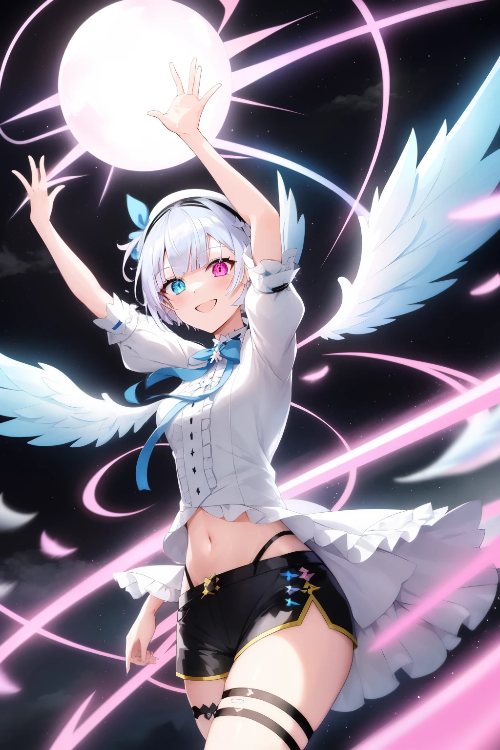 One girl、Blue-based idol costumes、The chest area of the costume is torn、The crotch area of the costume is torn、Standing in the dimly lit wings of the stage、Blushing、emotionless and dead-eyed、Blue Hair、Small breasts