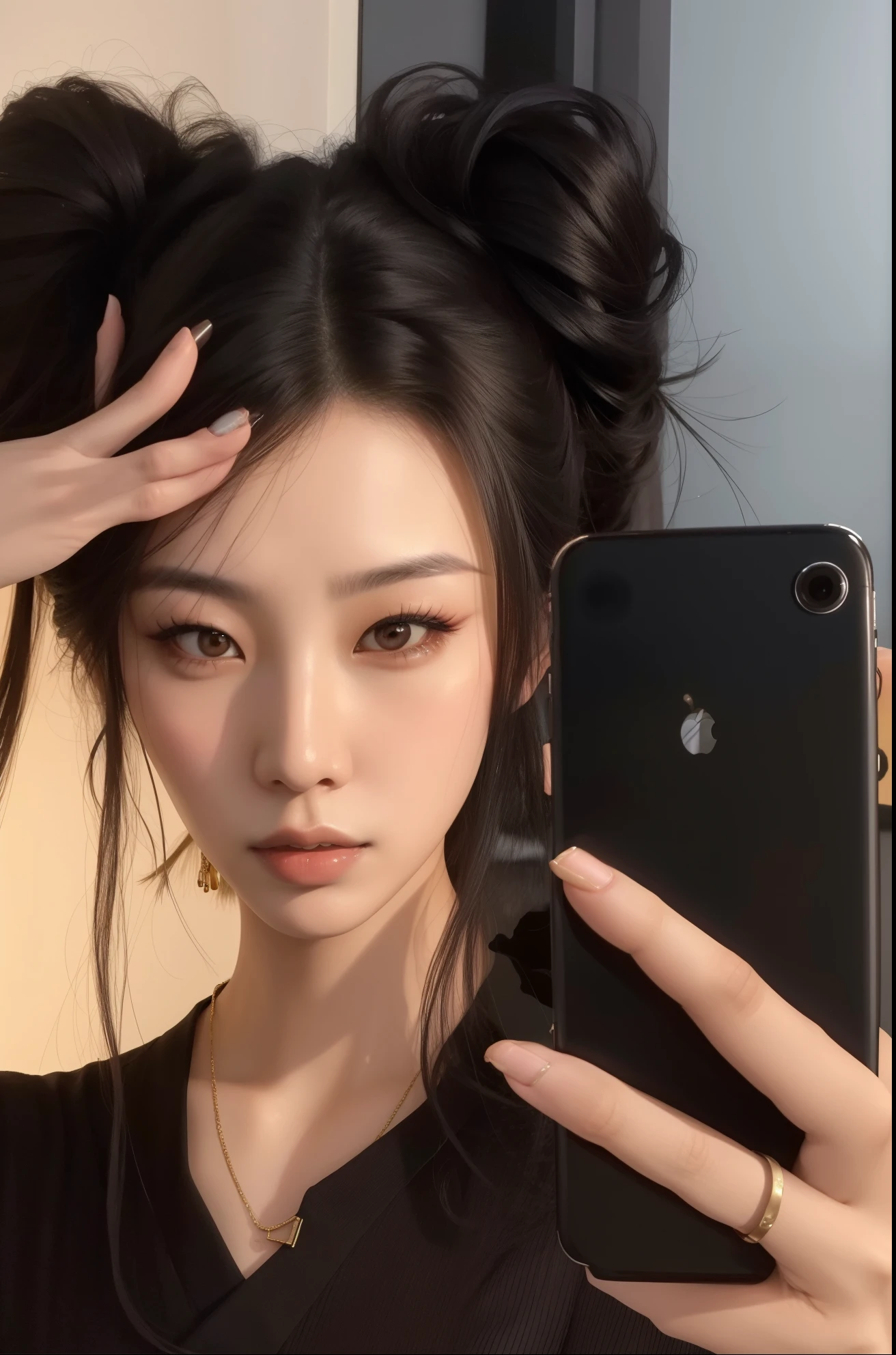 there is a woman taking a selfie with her cell phone, cruel korean goth girl, selfie, selfie de uma jovem, Xisionwu, linda mulher sul-coreana, sui ishida com cabelo preto, Janice cantou, asian features, fotografia selfie 8k, beautiful chinese model,  coreana, wenfei you, Heonhwa Choe, asian face