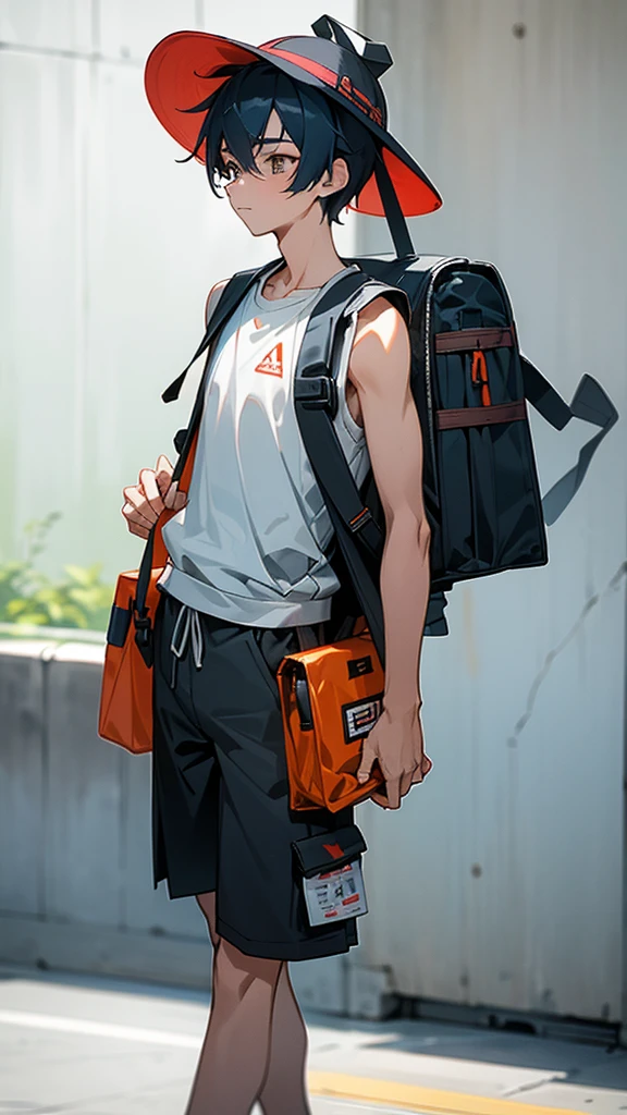 arafed image of a man walking with a backpack and a hat, baggy clothing and hat, wearing a tank top and shorts, japanese streetwear, by Russell Dongjun Lu, kim doyoung, casual streetwear, trending on r/techwearclothing, model is wearing techtical vest, casual modern clothing, casual clothing style, young man with short
