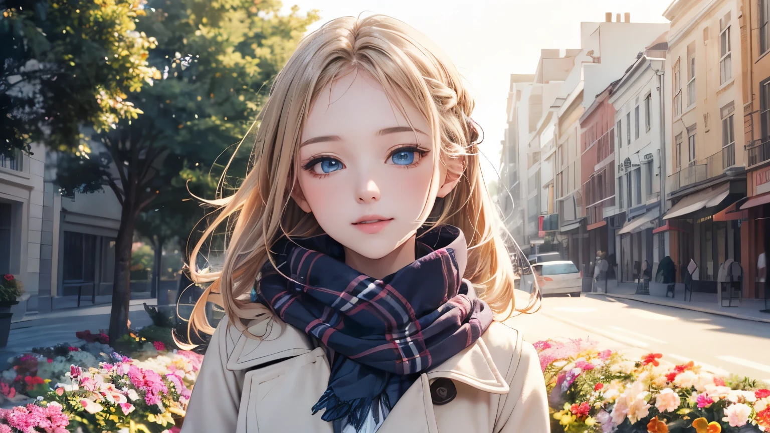 (​masterpiece),(top-quality:1.2),1girl in,(masuter piece:1.3),exquisitedetails, deep eye color, Highest quality 8K resolution, Ultra-detailed, Realistic, Vibrant colors, Soft tones, With warm and gentle lighting,(Beautiful plaid scarf:1.3),(Preet Pink Ruffled Ribbon Dress,) (Brown long coat:1.2) early evening,Big sunset,(Smooth straight blonde hair:1.2),(Hair parted in the middle:1.3),(Glowing hair),(Dark blue eyes:1.3),White skin, hair clips,Overflowing soft and gentle feelings,(The promenade is full of flowers),The sun's rays illuminate joy and pure love, Warm golden glow,The atmosphere is full of happiness and laughter,Sticking to ultra-detailed depictions and vivid colors. In a style that blends romanticism and realism、You can feel the depth of love,color palettes,Create an ethereal atmosphere like a dream,and the lighting is soft and diffused, Shine a gentle light on your face,The artwork is a masterpiece,