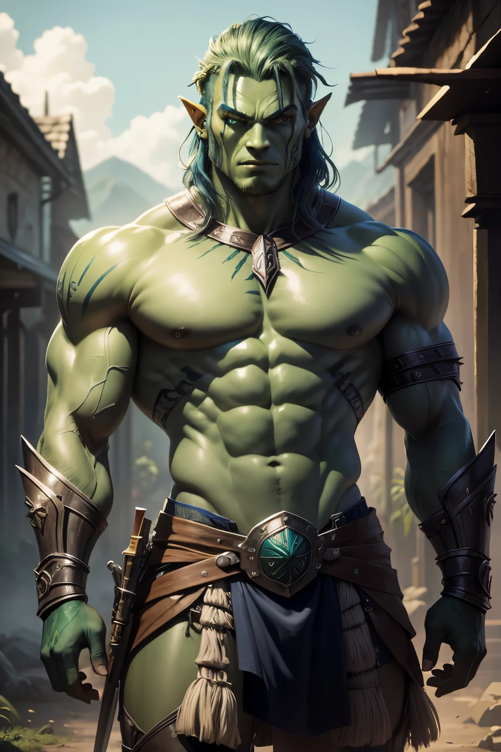 personagem meio-orc verde com armadura de deus da guerra, com corte de cabelo longo Azul escuro e cavanhaque Azul, olhos amarelos, ectomorfo com Poucos musculos