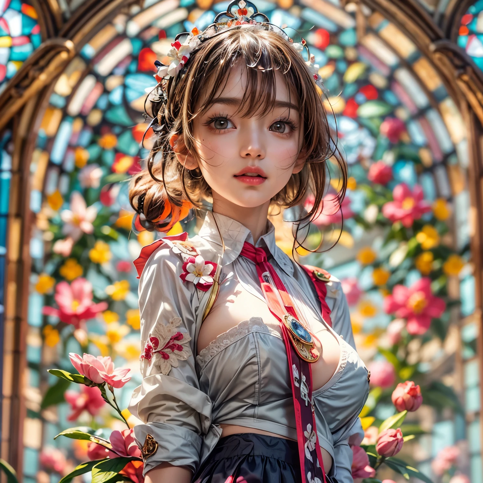 (NSFW:-0.98) . White and Red, (Dazzling colorful light pours down and reflects:1.2), (Physically-based Rendering with incredible detailed Textures), Award-winning Masterpiece of professional Analogue photograpy, { (((Photorealistic:1.37))) | (Hasselblad with F2.8) }, (((Acutance:0.85), { from below | from side } )) . ((A group photo of many KAWAII girls in (school uniform)) with visible Overflowing Cleavage) and Navel without bra . (((Extremely detailed KAWAII face variations)) with joyful expressions), { Glossy cute Lips Closeup | Detailed natural eyes with sparkling highlights and long eyelashes | Rosy cheeks | Navel | (pretty Ass) | (Overflowing underboob) | Oiled ivory skin Details | White panties with (blood seeping only in crotch area) | ((full of Flowers covering girl's body:1.15)) | (((Dazzling colorful stained glass with stunning elaborate details:1.2))) | Mystic sight | A Halo ling in the air | God rays | Haze | Lens flare | Luminescent particles | Kissing face to face } . Ultra-detailed, (Exposed:0.8), (((Nipple:-0.9))) .