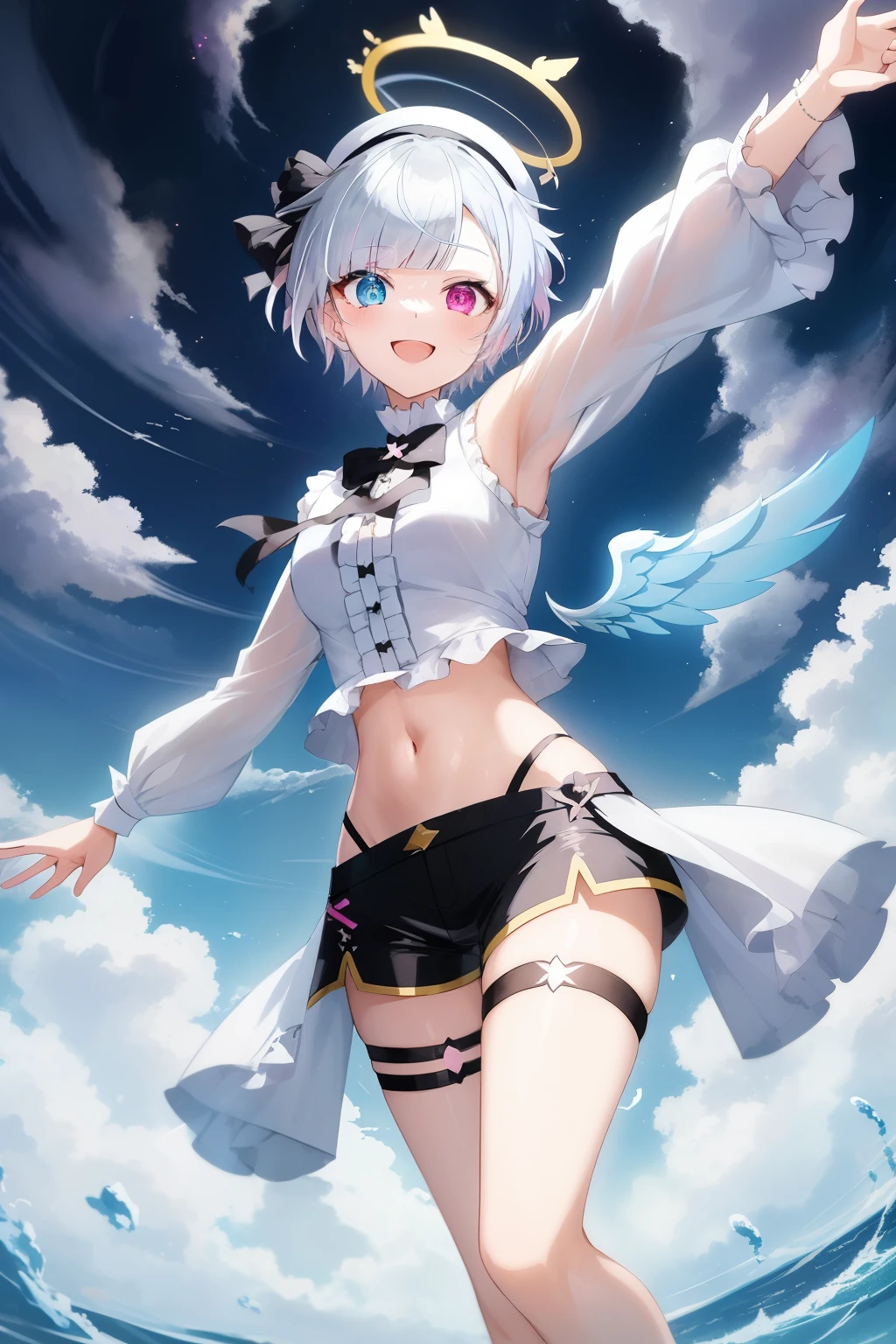 2d, masterpiece, best quality, anime, 1girl, solo, dynamic pose, cowboy shot, (amemiya nazuna), angel, mini wings, single wing, white hair, heterochromia, blue eyes, pink eyes, frills, white shirt, navel, black shorts, short shorts, thigh strap, halo, smile, white beret, heaven, clouds