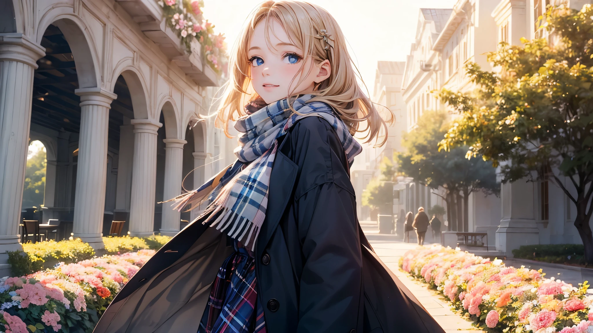(masterpiece),(top-quality:1.2),1girl in, (photo of a girl in full length), (masuter piece:1.3),exquisitedetails, Highest quality 8K resolution, Ultra-detailed, Realistic, Vibrant colors, Soft tones, With warm and gentle lighting,(Beautiful plaid scarf:1.3),(Preet Pink Ruffled Ribbon Dress,) (Brown long coat:1.2) early evening,Big sunset,(Smooth straight blonde hair:1.2),(Hair parted in the middle:1.3),(Glowing hair),(Dark blue eyes:1.3),White skin, hair clips,Overflowing soft and gentle feelings,(The promenade is full of flowers),The sun's rays illuminate joy and pure love, Warm golden glow,The atmosphere is full of happiness and laughter, As if celebrating love,Sticking to ultra-detailed depictions and vivid colors. In a style that blends romanticism and realism、You can feel the depth of love,color palettes,Create an ethereal atmosphere like a dream,and the lighting is soft and diffused, Shine a gentle light on your face,The artwork is a masterpiece,