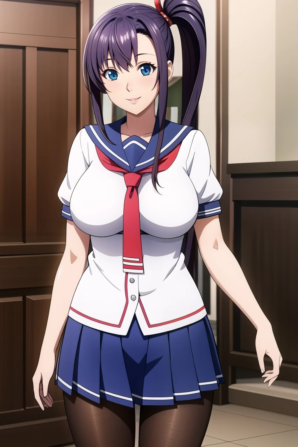 perfect eyes:1.2, detailed eyes:1.4, Blue sailor collar, school uniform, skindentation, cowboy shot, pantyhose, serafuku, short sleeves, Red neckerchief, White shirt, Blue eyes, Purple hair, bangs, side ponytail, Hair ornament, 20yo, Young female, Beautiful Finger, Beautiful long legs, Beautiful body, Beautiful Nose, Beautiful character design, perfect balance, smile, 1girl, solo, (masterpiece:1.6, best quality), 8k, insane details, intricate details, hyperdetailed, hyper quality, high detail, ultra detailed, professional, HDR, ray tracing reflection, cinematic lighting,