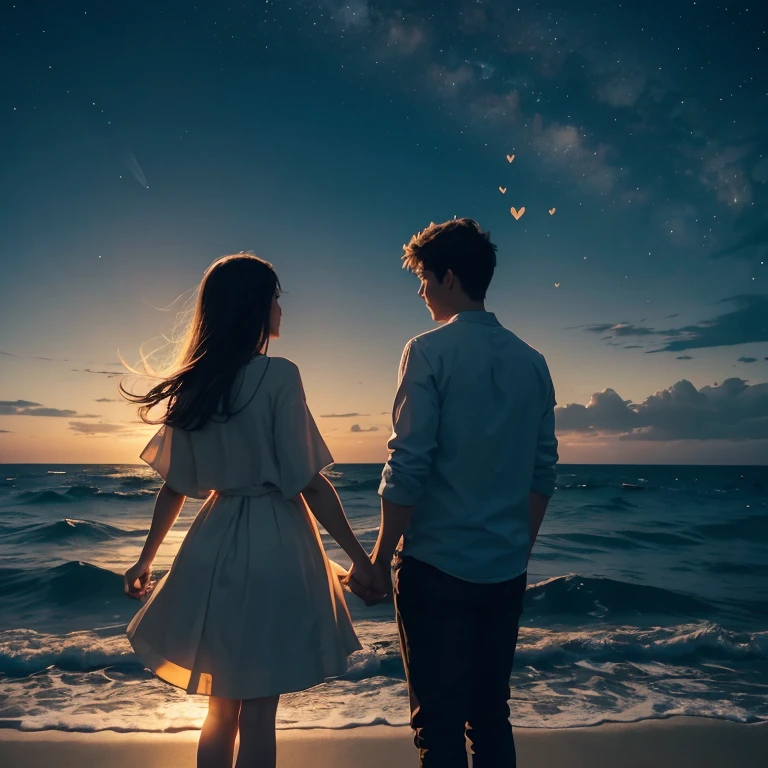 Create a deeply evocative and emotionally charged digital illustration that encapsulates the profound and enduring love between two individuals in a long-distance relationship. In this image, envision a couple separated by thousands of miles, one living in a vibrant, bustling metropolis with skyscrapers aglow in the evening, and the other residing in a quaint, coastal village with a golden sunset casting a warm glow. Between them, convey an immense stretch of ocean, with waves gently lapping against the shore on one side and reflecting the shimmering city lights on the other.In the urban setting, depict a person standing on a rooftop, surrounded by the city's hustle and bustle, holding ahandwritten letter in their hand, their face illuminated by the soft glow of a streetlamp. In the coastal village, portray their partner standing on a tranquil beach, facing the horizon with a lighthouse in the background. Above, a night sky filled with constellations, with a bright star perfectly aligning between the two locations, symbolizing their unbreakable bond.Detail their longing through subtle elements, like the city person releasing a paper airplane with the letter, which soars into the sky, and the beachside person releasing a floating lantern onto the water. Each carries a message of love and hope. Use colors and lighting to convey the contrasting atmospheres of city life and the tranquility of the coastal setting. Emphasize the emotions etched on their faces and the determination in their eyes, as they look towards the heavens, knowing that their love transcends the miles and the challenges they face