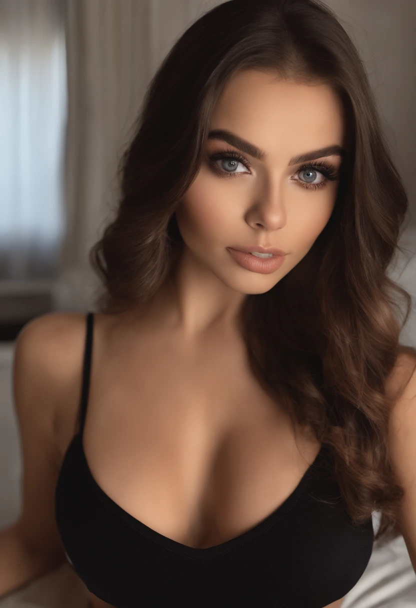 mujer arafed completamente , Chica sexy con ojos marrones, ultra realista, Meticulosamente detallado, Retrato de Sophie Mudd, brown hair and big eyes, selfie de una mujer joven, ojos dormitorio, violeta myers, sin maquillaje, Maquillaje Natural, Looking directly at the camera, cara con artgram, maquillaje sutil, Impresionante foto de cuerpo completo arrodillado en la cama, en el dormitorio, Medium to large bust, imagen para onlyfans
