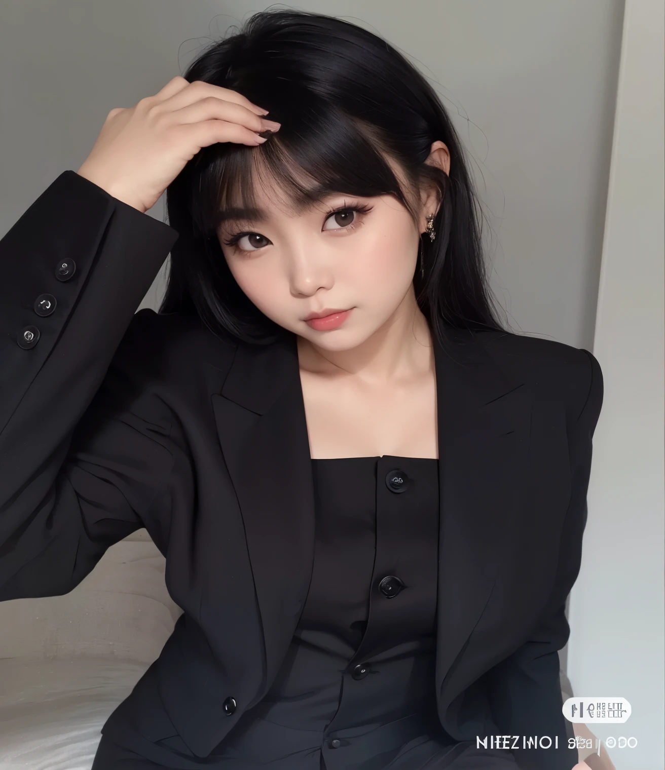 arafed asian woman in a Traje Preto posing for a picture, cruel korean goth girl, Ulzzang, garota de terno, vestindo um terno preto nobre, ela tem cabelo preto com franja, garota de terno, wearing black business suit, com preto, wearing Traje Preto, black business suit, 🤤 retrato de , wearing causal Traje Pretos, Traje Preto