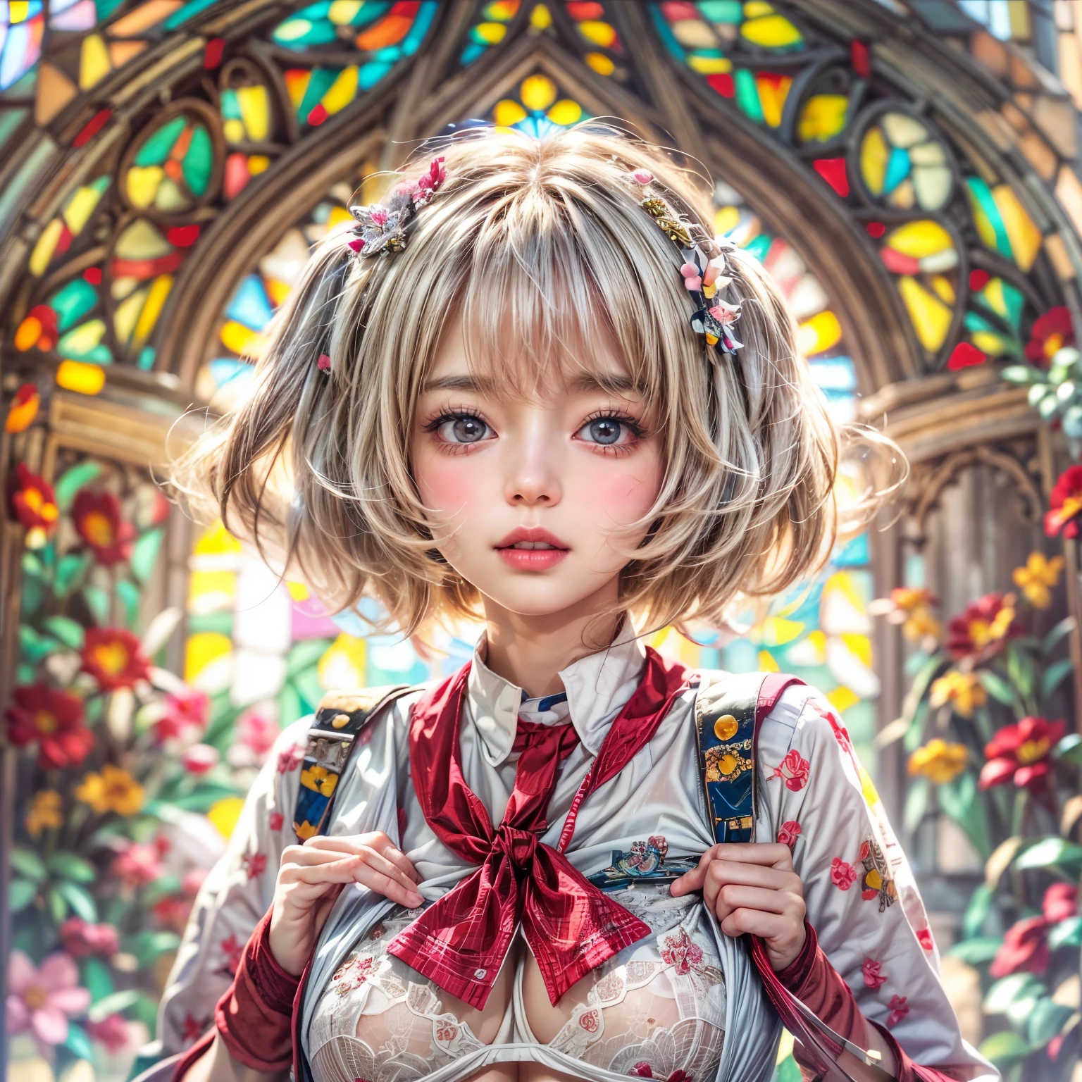 (NSFW:-0.98) . White and Red, (Dazzling colorful light pours down and reflects:1.2), (Physically-based Rendering with incredible detailed Textures), Award-winning Masterpiece of professional Analogue photograpy, { (((Photorealistic:1.37))) | (Hasselblad with F2.8) }, (((Acutance:0.85), { from below | from side } )) . ((A group photo of many KAWAII girls in (school uniform)) with visible Overflowing Cleavage) and Navel without bra . (((Extremely detailed KAWAII face variations)) with joyful expressions), { Glossy cute Lips Closeup | Detailed natural eyes with sparkling highlights and long eyelashes | Rosy cheeks | Navel | (pretty Ass) | (Overflowing underboob) | Oiled ivory skin Details | White panties with (blood seeping only in crotch area) | ((full of Flowers covering girl's body:1.15)) | (((Dazzling colorful stained glass with stunning elaborate details:1.2))) | Mystic sight | A Halo ling in the air | God rays | Haze | Lens flare | Luminescent particles | Kissing face to face } . Ultra-detailed, (Exposed:0.8), (((Nipple:-0.9))) .