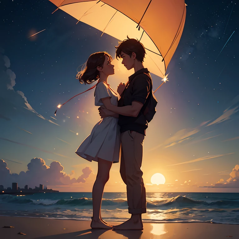 Create a deeply evocative and emotionally charged digital illustration that encapsulates the profound and enduring love between two individuals in a long-distance relationship. In this image, envision a couple separated by thousands of miles, one living in a vibrant, bustling metropolis with skyscrapers aglow in the evening, and the other residing in a quaint, coastal village with a golden sunset casting a warm glow. Between them, convey an immense stretch of ocean, with waves gently lapping against the shore on one side and reflecting the shimmering city lights on the other. In the urban setting, depict a person standing on a rooftop, surrounded by the city's hustle and bustle, holding letter in their hand, their face illuminated by the soft glow. In the coastal village, portray their partner standing on a tranquil beach, facing the horizon with a lighthouse in the background. Above, a night sky filled with constellations, with a bright star perfectly aligning between the two locations, symbolizing their unbreakable bond. Detail their longing through subtle elements, like the city person releasing a paper airplane with the letter, which soars into the sky, and the beachside person releasing a floating lantern onto the water. Each carries a message of love and hope. Use colors and lighting to convey the contrasting atmospheres of city life and the tranquility of the coastal setting. Emphasize the emotions etched on their faces and the determination in their eyes, as they look towards the heavens, knowing that their love transcends the miles and the challenges they face