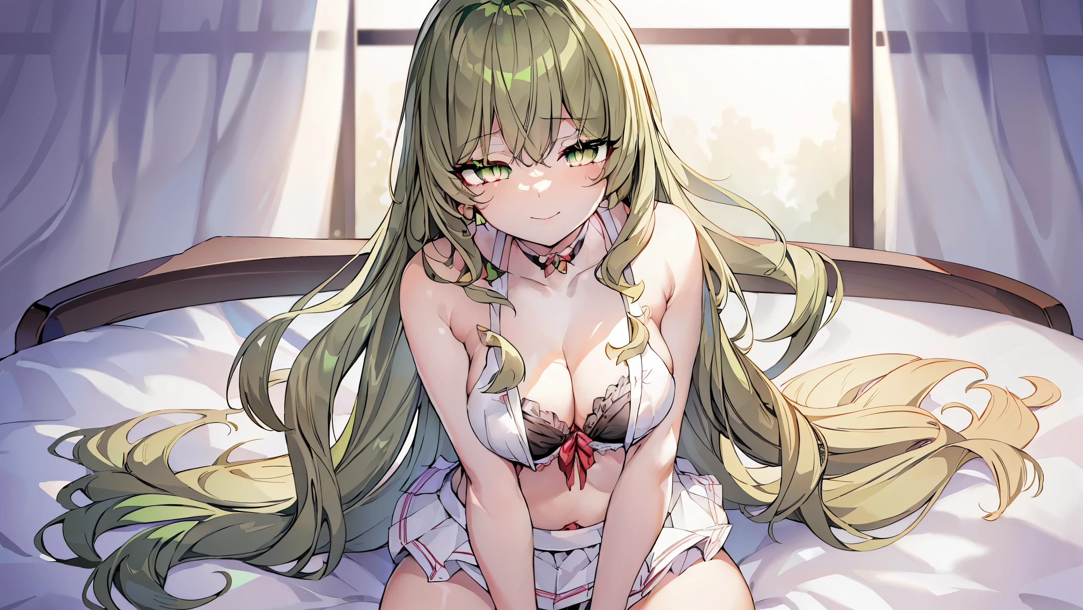 beautiful anime girl on bed, 1 girl,Best quality, tmasterpiece, Long green hair, beautiful,detailed eyes, HD, super cute girl, super cute hairstyle, extremely detailed, Visually inspect the audience, The face is slightly red,is shy,full bodyesbian,adolable,Lori small breasts cleavage,white dresses, skirt, pleated skirt, frills, frilled bra, (sitting on his knees on the bed:1.4), (solo:1.6), seductive smile, (green eyes with beautiful pupils:1.7),