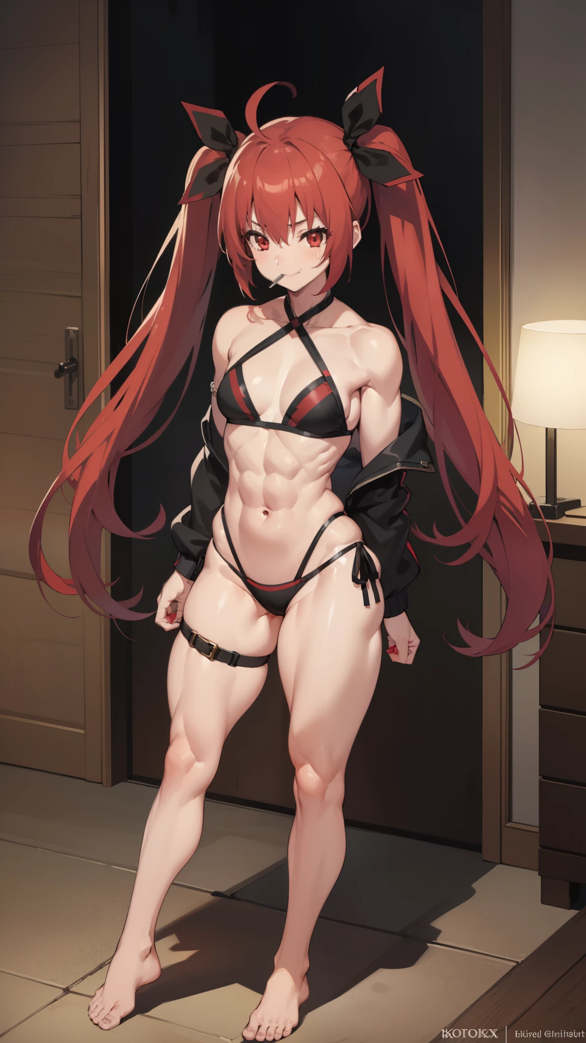 (((1 girl))), Kotoriitsuka, Kotori Itsuka, Long hair, (red eyes: 1.5), red hair, ahoge, (flat chest: 1.2), with a lollipop in her mouth,
BREAK (wearing a very sexy short bikini), twintails, hair ribbon, black ribbon, muscular thighs, well defined body, muscular belly,
looking at viewer, (full body photo), standing, smiling, nervous, arms crossed,
Break-in inside the house,
BREAK (artwork: 1.2), best quality, highest resolution, 8k unity wallpaper, (artwork: 0.8), (beautiful detailed eyes: 1.6), Extremely detailed face, perfect lighting, extremely detailed CG, (hands perfect, perfect anatomy),