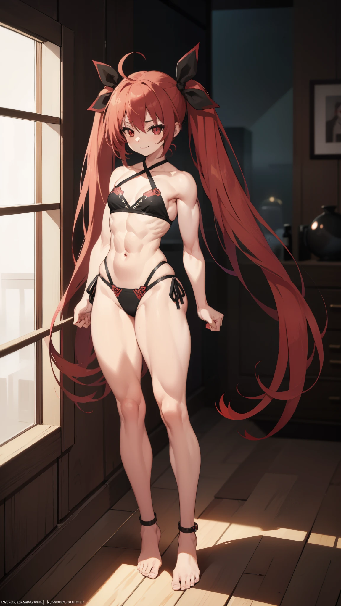 (((1 girl))), Kotoriitsuka, Kotori Itsuka, Long hair, (red eyes: 1.5), red hair, ahoge, (flat chest: 1.2), with a lollipop in her mouth,
BREAK (wearing a very sexy short bikini), twintails, hair ribbon, black ribbon, muscular thighs, well defined body, muscular belly,
looking at viewer, (full body photo), standing, smiling, nervous, arms crossed,
Break-in inside the house,
BREAK (artwork: 1.2), best quality, highest resolution, 8k unity wallpaper, (artwork: 0.8), (beautiful detailed eyes: 1.6), Extremely detailed face, perfect lighting, extremely detailed CG, (hands perfect, perfect anatomy),
