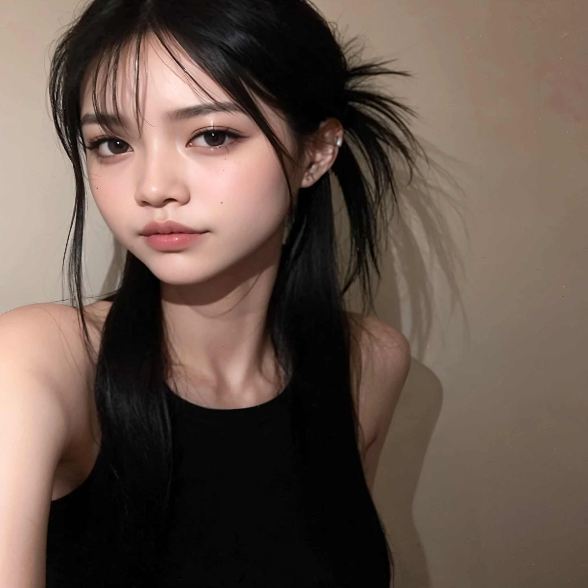 Arafed asian woman with long black hair and a black tank top, cabelo preto longo e fino, linda mulher sul-coreana, Ulzzang, Menina coreana, young pale and beautiful asian face, corte de cabelo preto hime, linda jovem coreana, linda jovem coreana, adorable and pale korean face, sui ishida com cabelo preto, ela tem cabelo preto com franja