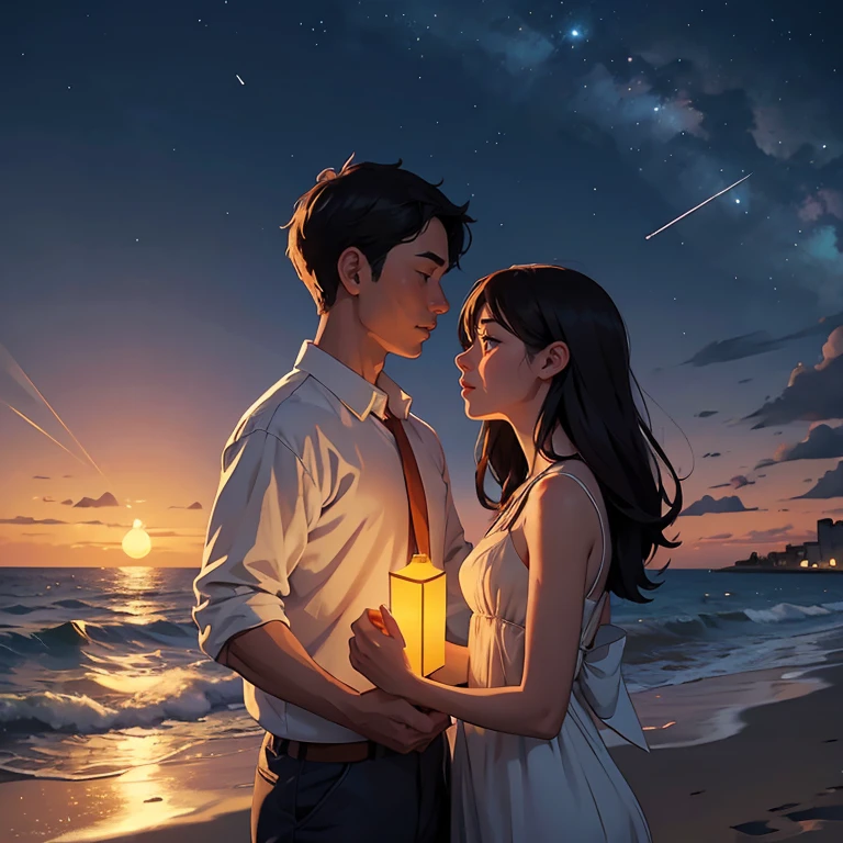 Create a deeply evocative and emotionally charged digital illustration that encapsulates the profound and enduring love between two individuals in a long-distance relationship. In this image, envision a couple separated by thousands of miles, one living in a vibrant, bustling metropolis with skyscrapers aglow in the evening, and the other residing in a quaint, coastal village with a golden sunset casting a warm glow. Between them, convey an immense stretch of ocean, with waves gently lapping against the shore on one side and reflecting the shimmering city lights on the other. In the urban setting, depict a person standing on a rooftop, surrounded by the city's hustle and bustle, holding letter in their hand, their face illuminated by the soft glow. In the coastal village, portray their partner standing on a tranquil beach, facing the horizon with a lighthouse in the background. Above, a night sky filled with constellations, with a bright star perfectly aligning between the two locations, symbolizing their unbreakable bond. Detail their longing through subtle elements, like the city person releasing a paper airplane with the letter, which soars into the sky, and the beachside person releasing a floating lantern onto the water. Each carries a message of love and hope. Use colors and lighting to convey the contrasting atmospheres of city life and the tranquility of the coastal setting. Emphasize the emotions etched on their faces and the determination in their eyes, as they look towards the heavens, knowing that their love transcends the miles and the challenges they face