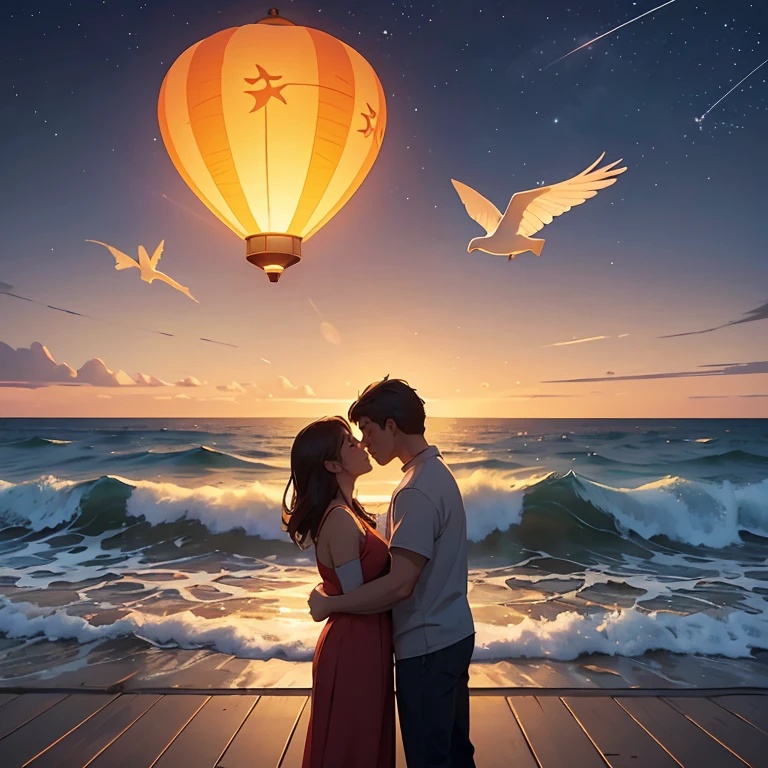 Create a deeply evocative and emotionally charged digital illustration that encapsulates the profound and enduring love between two individuals in a long-distance relationship. In this image, envision a couple separated by thousands of miles, one living in a vibrant, bustling metropolis with skyscrapers aglow in the evening, and the other residing in a quaint, coastal village with a golden sunset casting a warm glow. Between them, convey an immense stretch of ocean, with waves gently lapping against the shore on one side and reflecting the shimmering city lights on the other. In the urban setting, depict a person standing on a rooftop, surrounded by the city's hustle and bustle, holding letter in their hand, their face illuminated by the soft glow. In the coastal village, portray their partner standing on a tranquil beach, facing the horizon with a lighthouse in the background. Above, a night sky filled with constellations, with a bright star perfectly aligning between the two locations, symbolizing their unbreakable bond. Detail their longing through subtle elements, like the city person releasing a paper airplane with the letter, which soars into the sky, and the beachside person releasing a floating lantern onto the water. Each carries a message of love and hope. Use colors and lighting to convey the contrasting atmospheres of city life and the tranquility of the coastal setting. Emphasize the emotions etched on their faces and the determination in their eyes, as they look towards the heavens, knowing that their love transcends the miles and the challenges they face