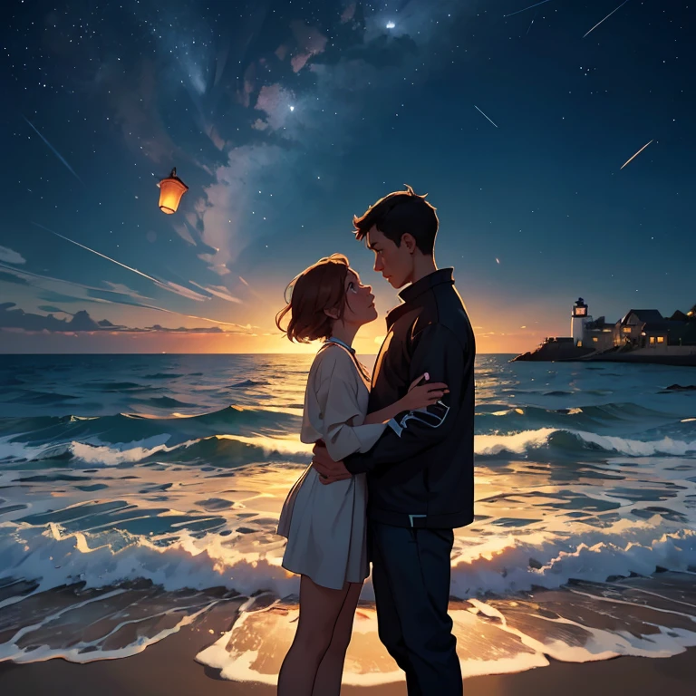 Create a deeply evocative and emotionally charged digital illustration that encapsulates the profound and enduring love between two individuals in a long-distance relationship. In this image, envision a couple separated by thousands of miles, one living in a vibrant, bustling metropolis with skyscrapers aglow in the evening, and the other residing in a quaint, coastal village with a golden sunset casting a warm glow. Between them, convey an immense stretch of ocean, with waves gently lapping against the shore on one side and reflecting the shimmering city lights on the other. In the urban setting, depict a person standing on a rooftop, surrounded by the city's hustle and bustle, holding letter in their hand, their face illuminated by the soft glow. In the coastal village, portray their partner standing on a tranquil beach, facing the horizon with a lighthouse in the background. Above, a night sky filled with constellations, with a bright star perfectly aligning between the two locations, symbolizing their unbreakable bond. Detail their longing through subtle elements, like the city person releasing a paper airplane with the letter, which soars into the sky, and the beachside person releasing a floating lantern onto the water. Each carries a message of love and hope. Use colors and lighting to convey the contrasting atmospheres of city life and the tranquility of the coastal setting. Emphasize the emotions etched on their faces and the determination in their eyes, as they look towards the heavens, knowing that their love transcends the miles and the challenges they face
