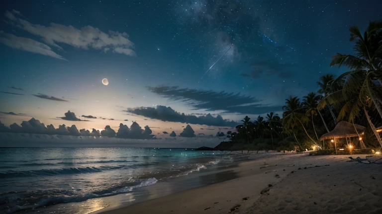 Landscape of dream beach caribeenne atmosphere reggae party at night full of smoky lights and beautiful moon accompanied by some stars