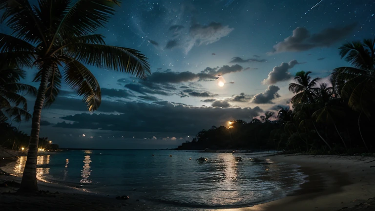 Landscape of dream beach caribeenne atmosphere reggae party at night full of smoky lights and beautiful moon accompanied by some stars