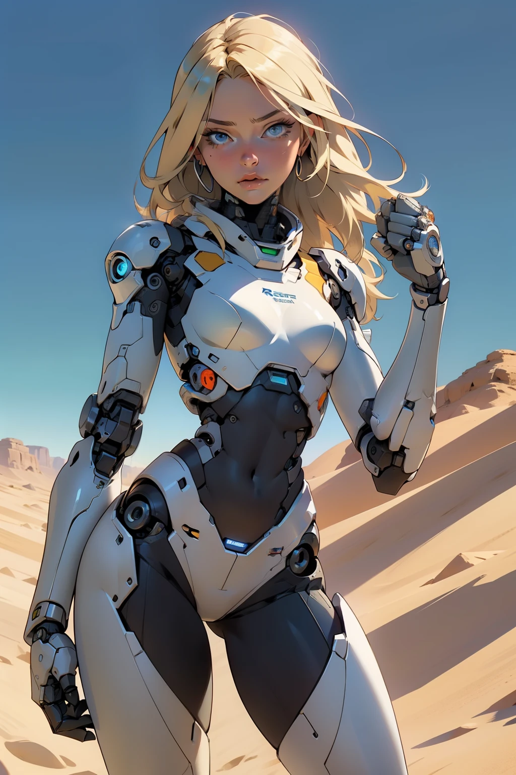 high quality, 4k, masterpiece, beautiful, cyborg girl, cowboy shot, dull eyes, looking at viewer, long blonde hair, girl, small breasts, fit thigh, robotic arms, robotic body, cyborg body, yellow accent, intricate detail, joint, detailed lines, robotic detail, holding fist up, holding hand up as fist, color robotic parts, robotic parts with color, perfect fingers, on a desert planet, sunny background, colorful desert,