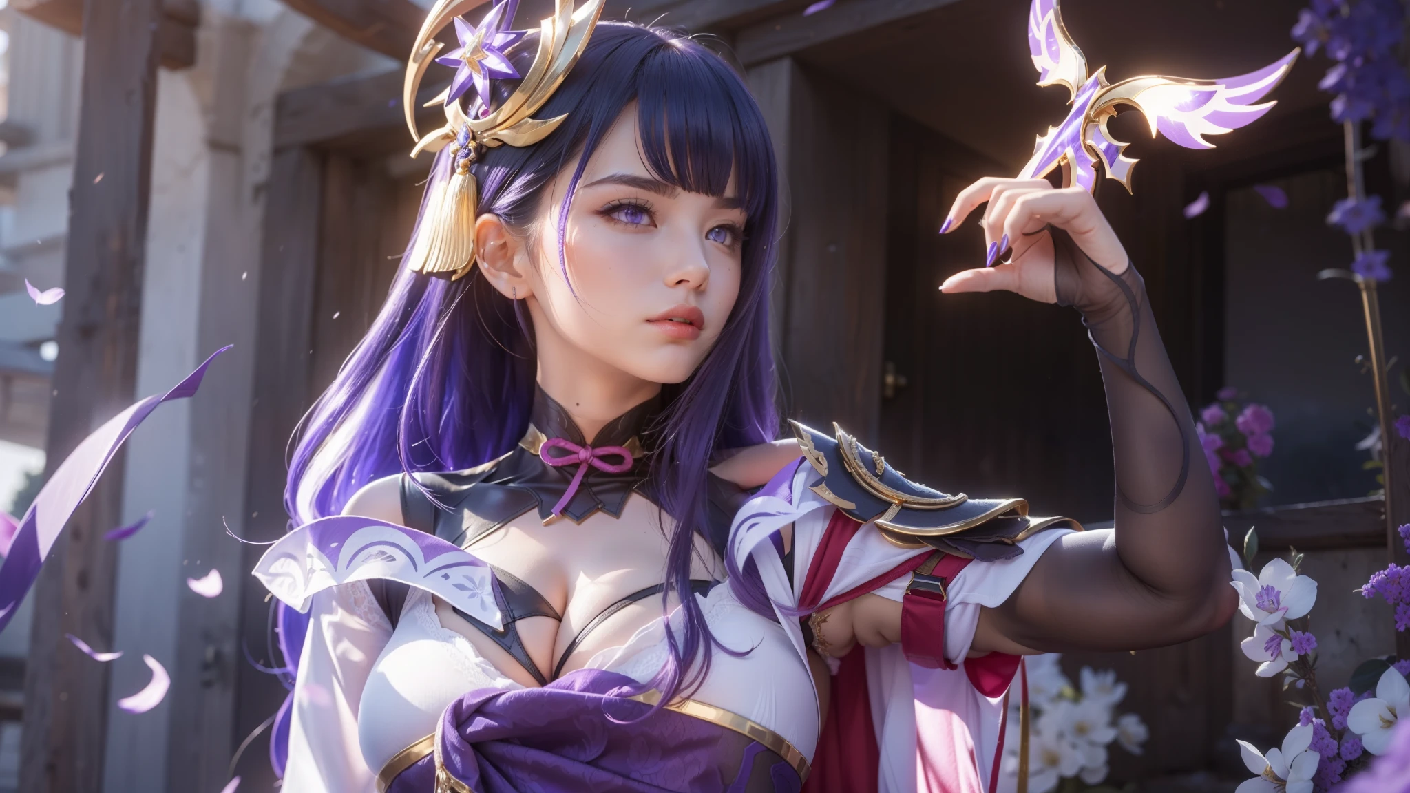 (ultra realistic photo, 8k uhd, full of details in clothes and face, masterpiece, girl goddess of beauty). Shogun Raider from Genshin Impact is a ???? woman with long, flowing purple hair, who wears a highly detailed ?????????????, she wears a jewel on the side of her head adorned with gold details and a gem in the center. - She wears a purple and pink outfit with gold details, with ornate designs in gold. The upper part of the armor is tight to the body, highlighting its curves. (she has long ???????, huge and perfect ??????? emerging from her ????, ?????? cleavage, sharp pointed ???????), ((transparent micro panties showing ?????, perfect ?????)), defined body, body with curves, big perky ???, ????? showing, His arms are covered in armored gloves that have similar designs in gold and are attached to his upper arm by straps. - A piece of cloth flows from his waist, complementing the armor look. - Her face is very beautiful, she has light pink eyes and a serious expression. - In the background, there is a dramatic sky full of dark clouds and lightning lighting the scene. A full moon is also visible between the clouds.