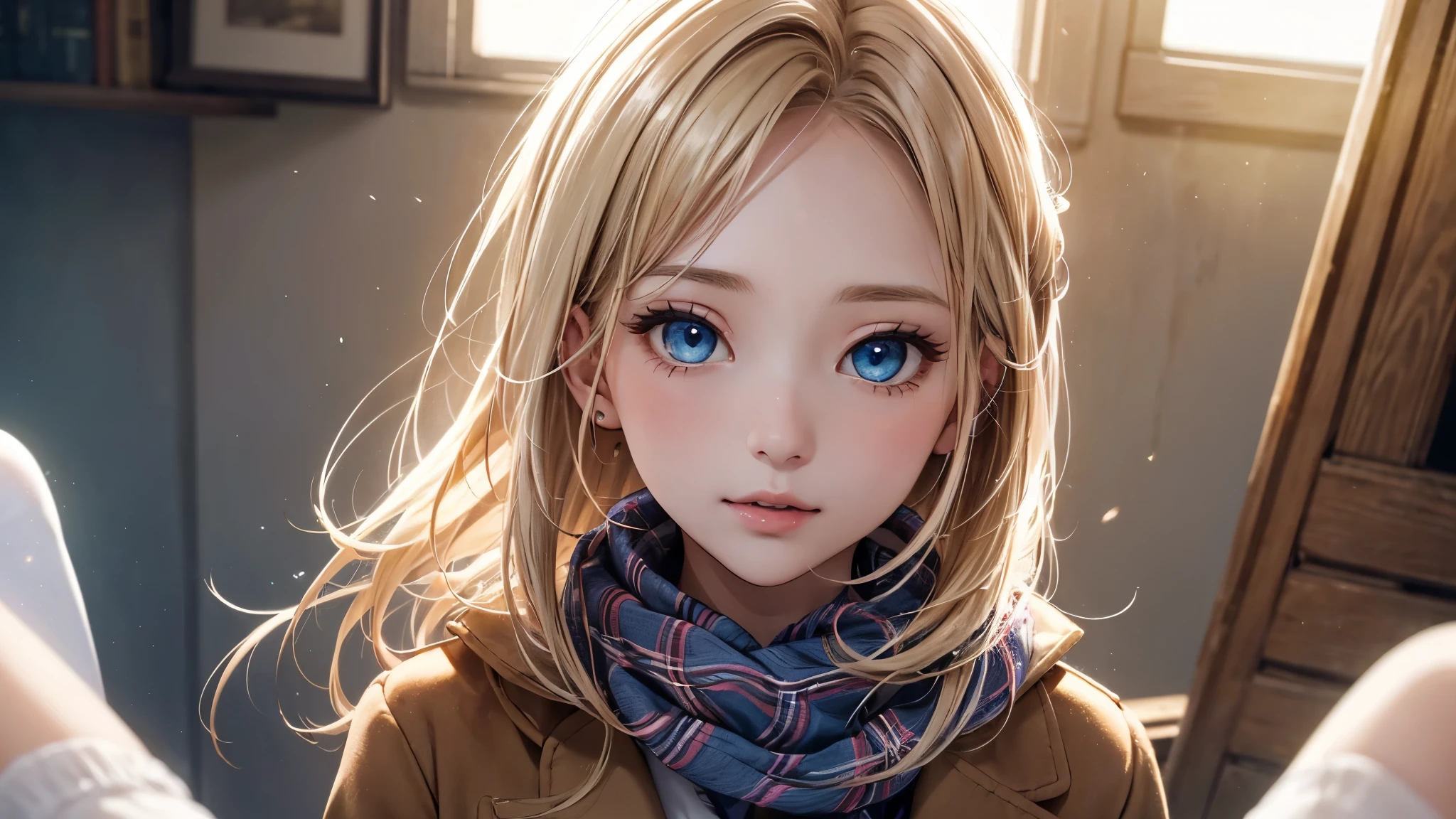 (masterpiece),(top-quality:1.2),1girl in, (photo of a girl in full length), short skirt, white stockings, white stockings with garterbelt, (masuter piece:1.3),exquisitedetails, Highest quality 8K resolution, Ultra-detailed, Realistic, Vibrant colors, Soft tones, With warm and gentle lighting,(Beautiful plaid scarf:1.3),(Preet Pink Ruffled Ribbon Dress,) (Brown long coat:1.2) early evening,Big sunset,(Smooth straight blonde hair:1.2),(Hair parted in the middle:1.3),(Glowing hair),(Dark deep blue eyes:1.3),White skin, hair clips,Overflowing soft and gentle feelings, Warm golden glow,The atmosphere is full of happiness, Sticking to ultra-detailed depictions and vivid colors, In a style that blends romanticism and realism、You can feel the depth of love,color palettes,Create an ethereal atmosphere like a dream, and the lighting is soft and diffused, The artwork is a masterpiece,