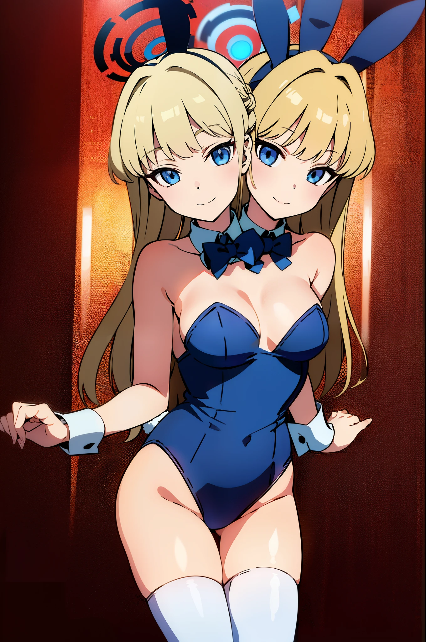 2heads, 1girl, solo, facing viewer, looking at viewer, upper body, smile, toki asuma, halo, long hair, playboy bunny, rabbit ears, leotard, white thighhighs, wrist cuffs