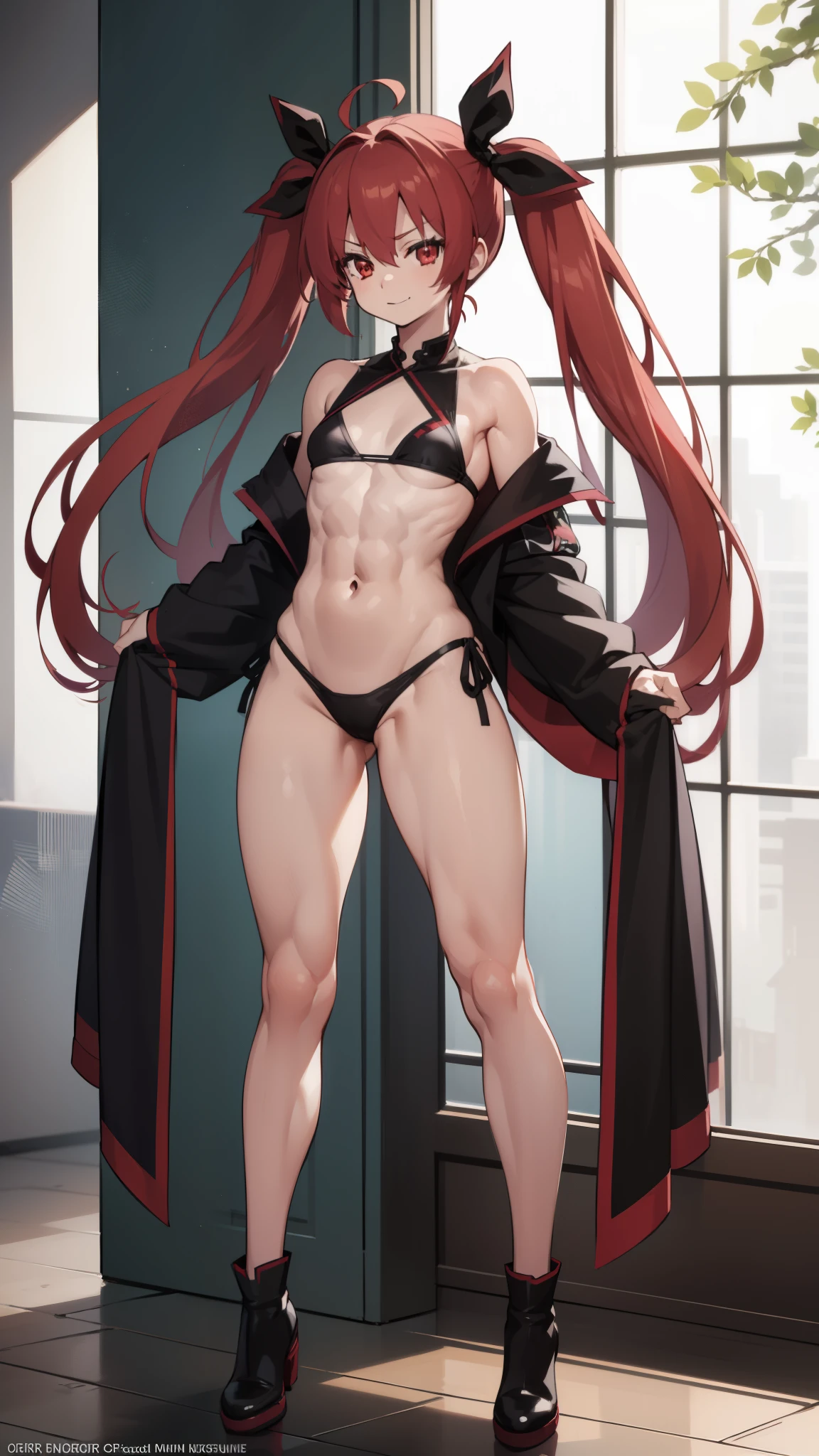 (((1 girl))), Kotoriitsuka, Kotori Itsuka, Long hair, (red eyes: 1.5), red hair, ahoge, (flat chest: 1.2), with a lollipop in her mouth,
BREAK (wearing a very sexy short bikini), twintails, hair ribbon, black ribbon, muscular thighs, well defined body, muscular belly,
looking at viewer, (full body photo), standing, smiling, nervous, arms crossed,
Break-in inside the house,
BREAK (artwork: 1.2), best quality, highest resolution, 8k unity wallpaper, (artwork: 0.8), (beautiful detailed eyes: 1.6), Extremely detailed face, perfect lighting, extremely detailed CG, (hands perfect, perfect anatomy),