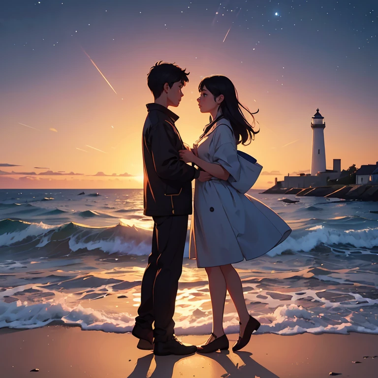 Create a deeply evocative and emotionally charged digital illustration that encapsulates the profound and enduring love between two individuals in a long-distance relationship. In this image, envision a couple separated by thousands of miles, one living in a vibrant, bustling metropolis with skyscrapers aglow in the evening, and the other residing in a quaint, coastal village with a golden sunset casting a warm glow. Between them, convey an immense stretch of ocean, with waves gently lapping against the shore on one side and reflecting the shimmering city lights on the other. In the urban setting, depict a person standing on a rooftop, surrounded by the city's hustle and bustle, holding letter in their hand, their face illuminated by the soft glow. In the coastal village, portray their partner standing on a tranquil beach, facing the horizon with a lighthouse in the background. Above, a night sky filled with constellations, with a bright star perfectly aligning between the two locations, symbolizing their unbreakable bond. Detail their longing through subtle elements. Each carries a message of love and hope. Use colors and lighting to convey the contrasting atmospheres of city life and the tranquility of the coastal setting. Emphasize the emotions etched on their faces and the determination in their eyes, as they look towards the heavens, knowing that their love transcends the miles and the challenges they face