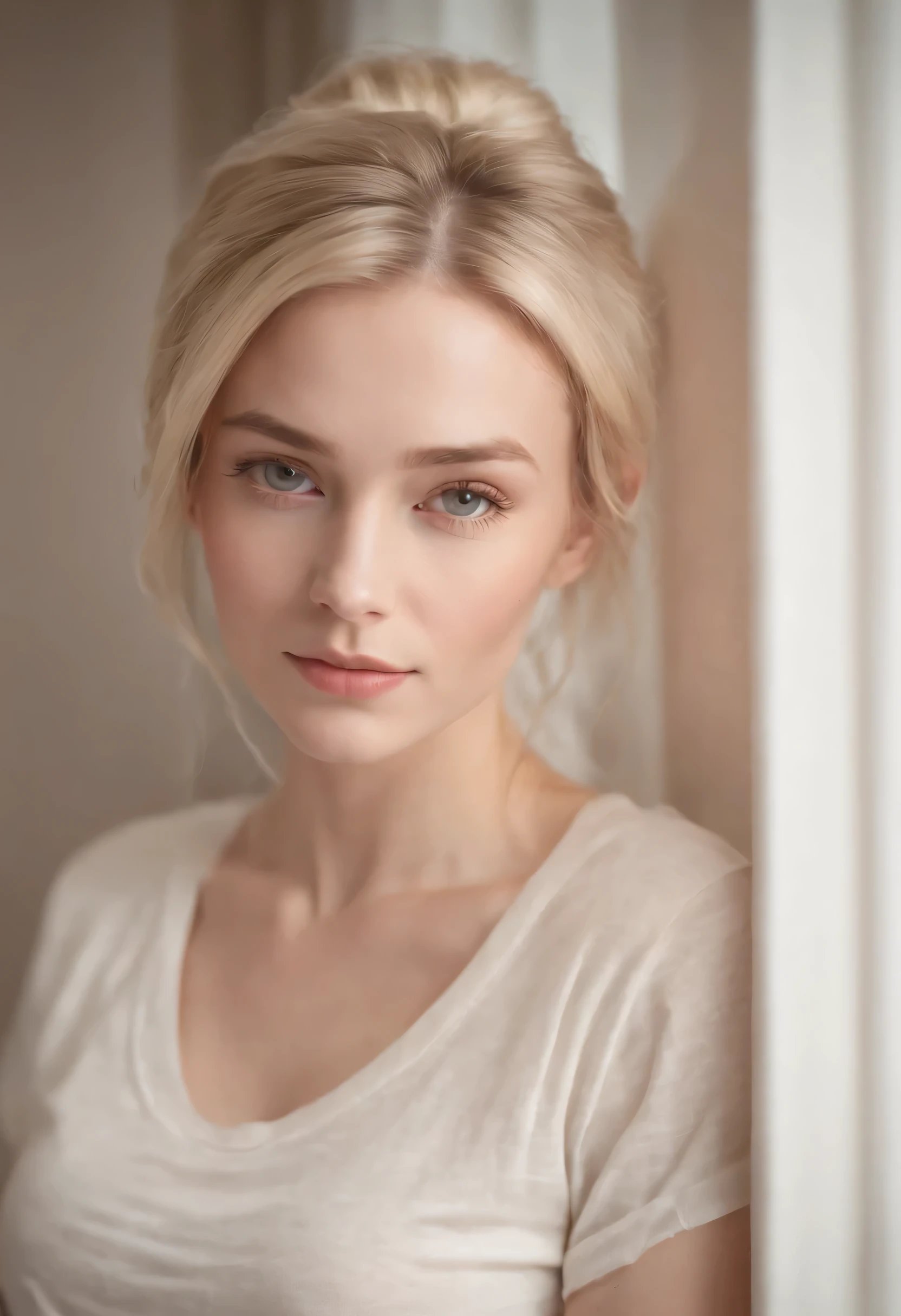 Female Woman Girl Cute Blonde Hair Long Skinny tshirt On Her, in bedroom, hair up